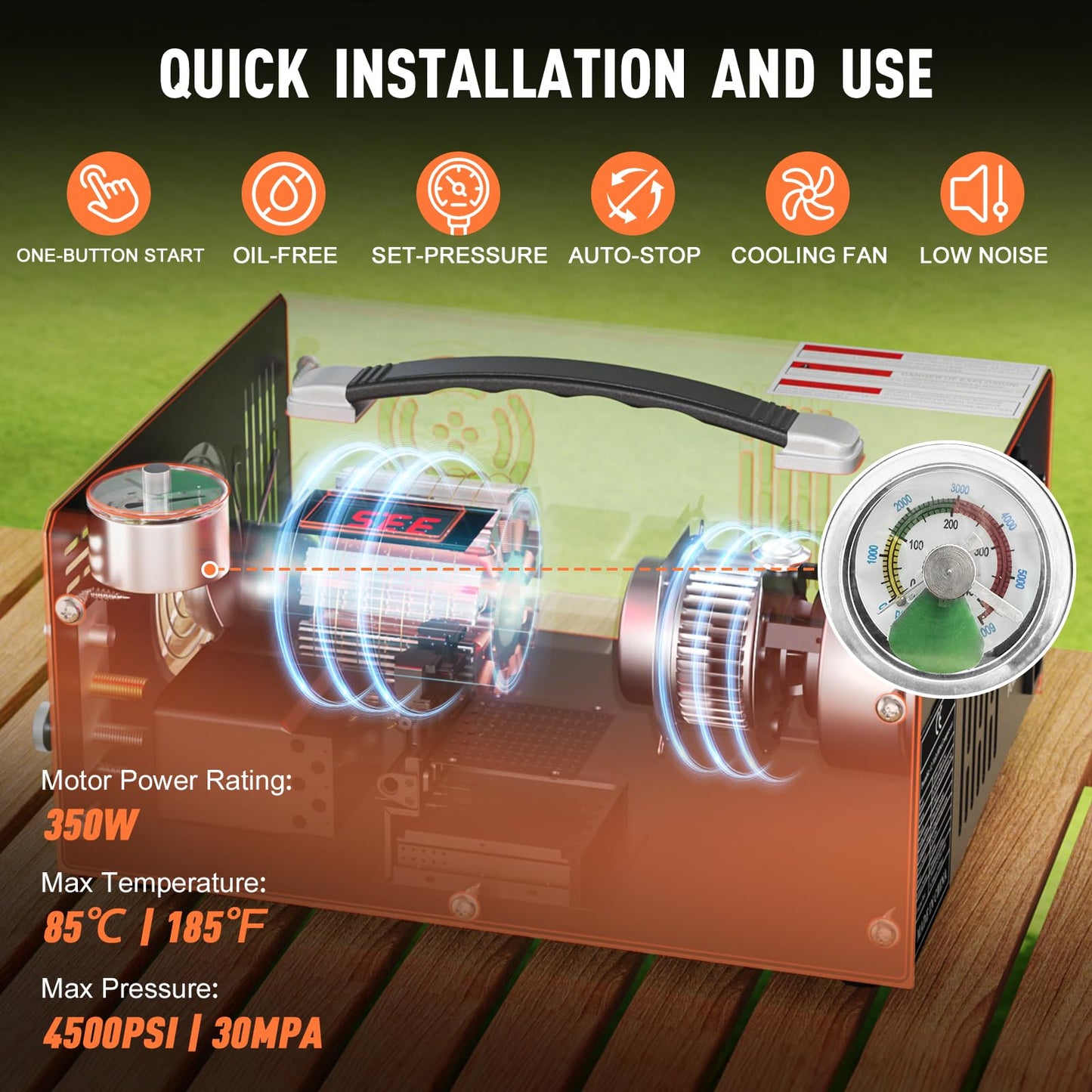 PCP Air Compressor, 4500PSI/30Mpa Scuba Tank Compressor, DC12V/AC120V PCP Airgun Compressor Auto-stop, Oil/Water-Free High Pressure Air Compressor Pump for Paintball, Air Rifle, Built-in Fan Cooling