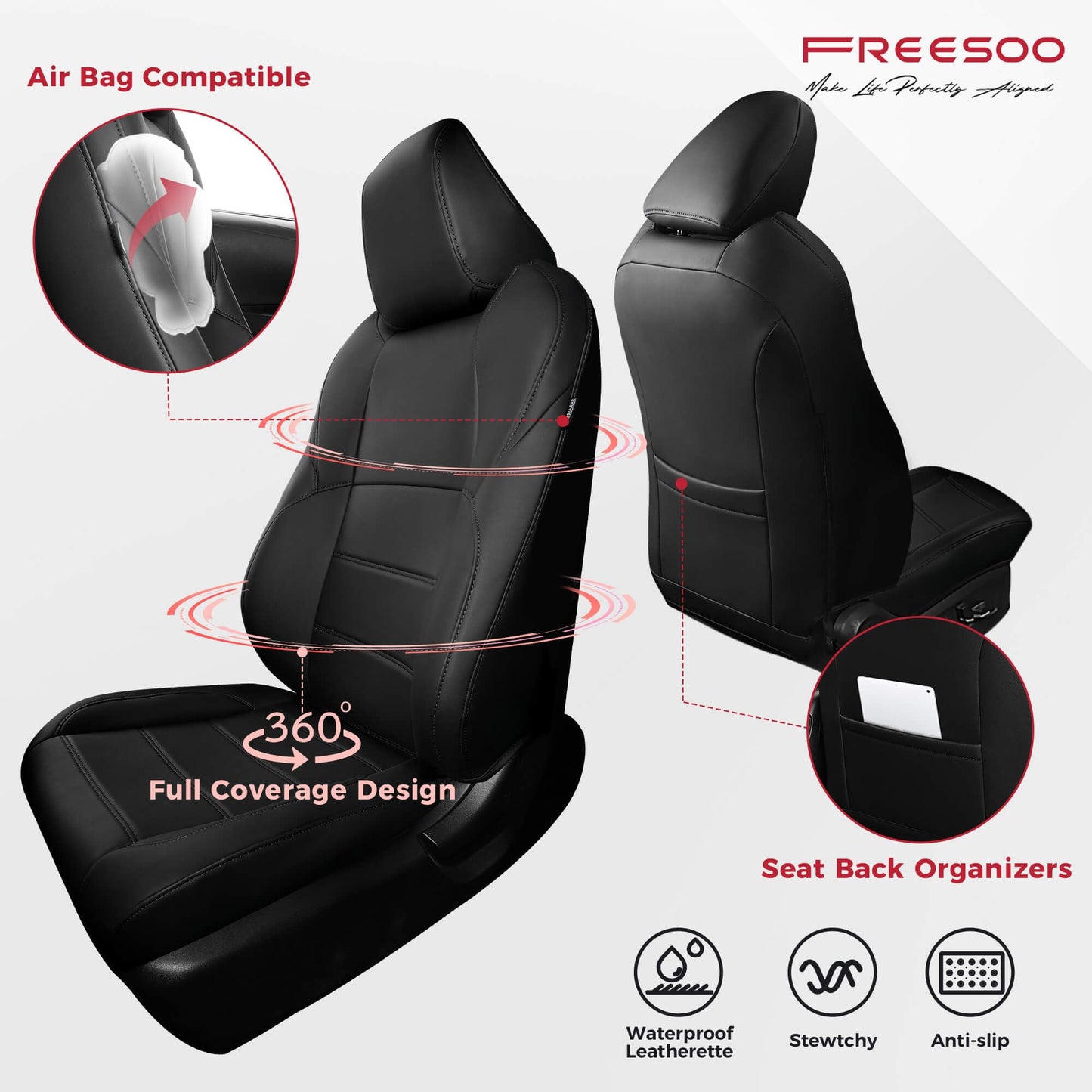 FREESOO for Toyota Corolla Seat Covers 2020-2026 SE/SE Apex Nightshade & 2023-2025 XSE & 2025 FX, Custom Car Seat Covers, Waterproof Seat Covers for Cars, Leather Car Seat Cover, Black Full Set