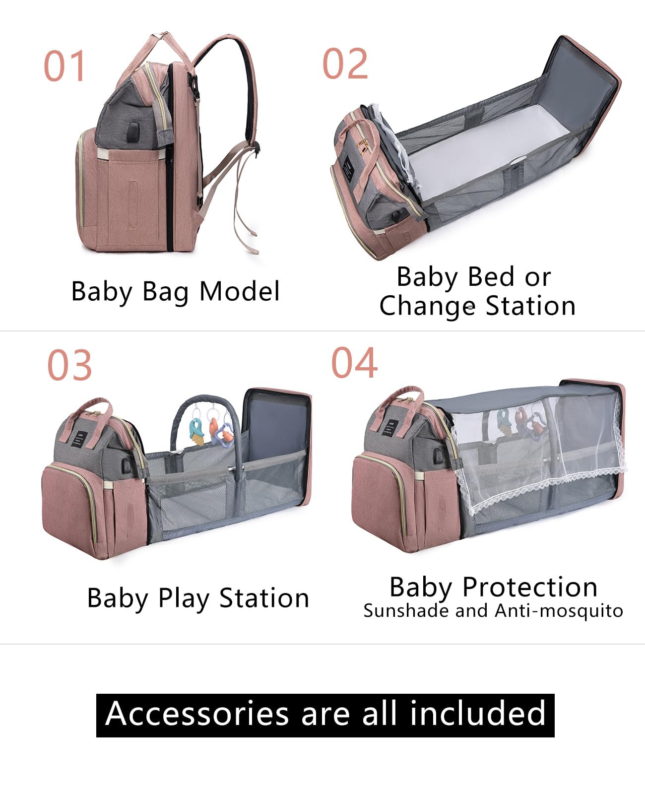 houscly Diaper Bag Backpack with Changing Station: Pink Baby Bags for Girls Boys New Mom Gifts Pañaleras Para Bebe Baby Girl Newborn Essentials Must Haves Baby Shower Gifts Baby Registry