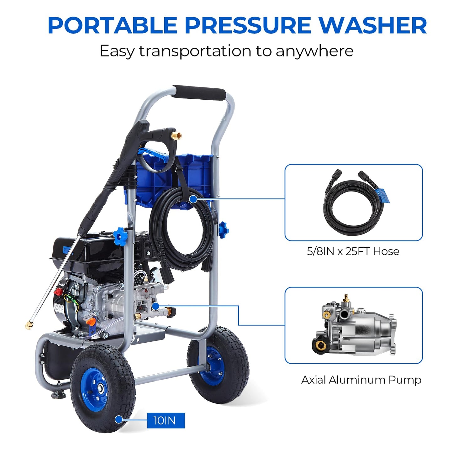 Hushlight Gas Pressure Washer, 3500 PSI 2.3 GPM Power Washer with 209CC Engine, 4 Quick-Connect Nozzles, 25FT Hose, 3L Soap Tank, High Pressure Washer for Car, Driveway, Fence, Patio, Home Cleaning