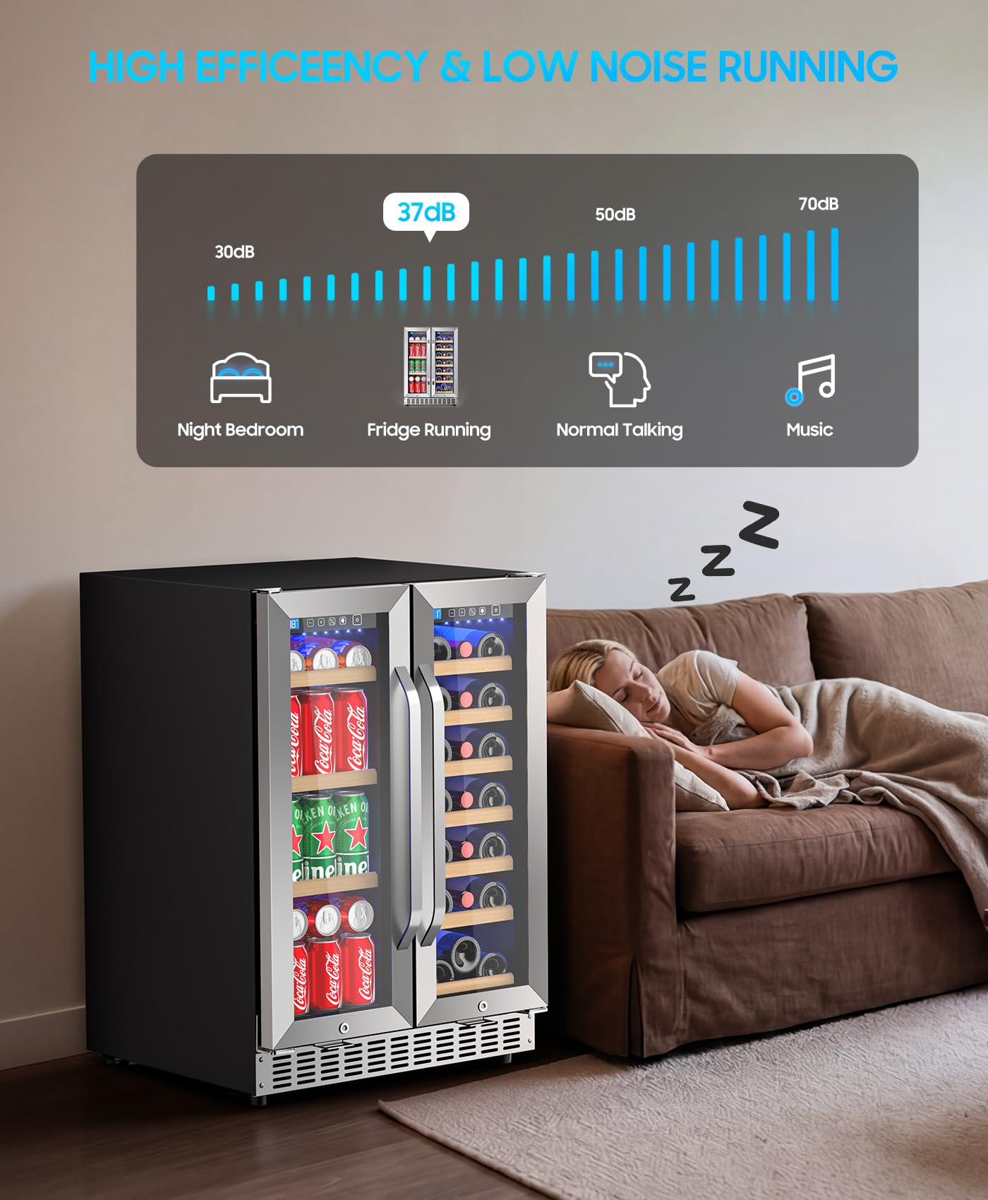 EORICE Wine and Beverage Refrigerator with Glass Door, 24-Inch Dual Zone Wine Fridge Under Counter - 21 Bottle and 60 Can Large Capacity Led Blue Light Smart Fast Cooling Wine Cooler Drink Fridge