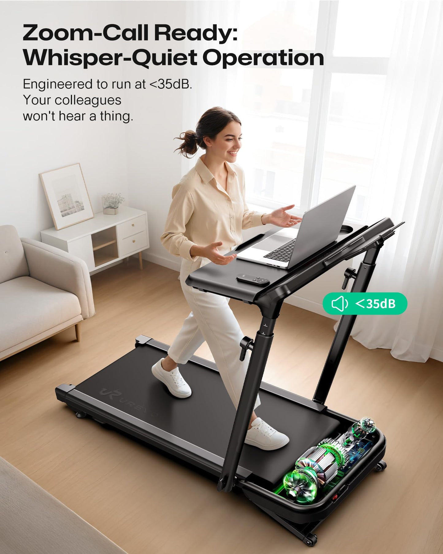 UREVO Foldimix 5L 9% Auto Incline Foldable Treadmill, with Height-Adjustable Desk, 3.0HP Ultra-Quiet Brushless Motor, 400lb Capacity Workstation