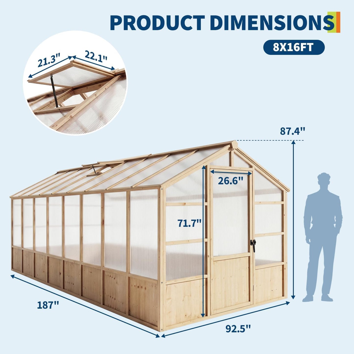8X16 ft Outdoor Wooden Greenhouse with Lockable Door, Adjustable Roof Vent & Polycarbonate Panels, UV Protection, Large Cedar Wood Walk-in Green House for Garden, Backyard, Patio, Lawn, Light Brown