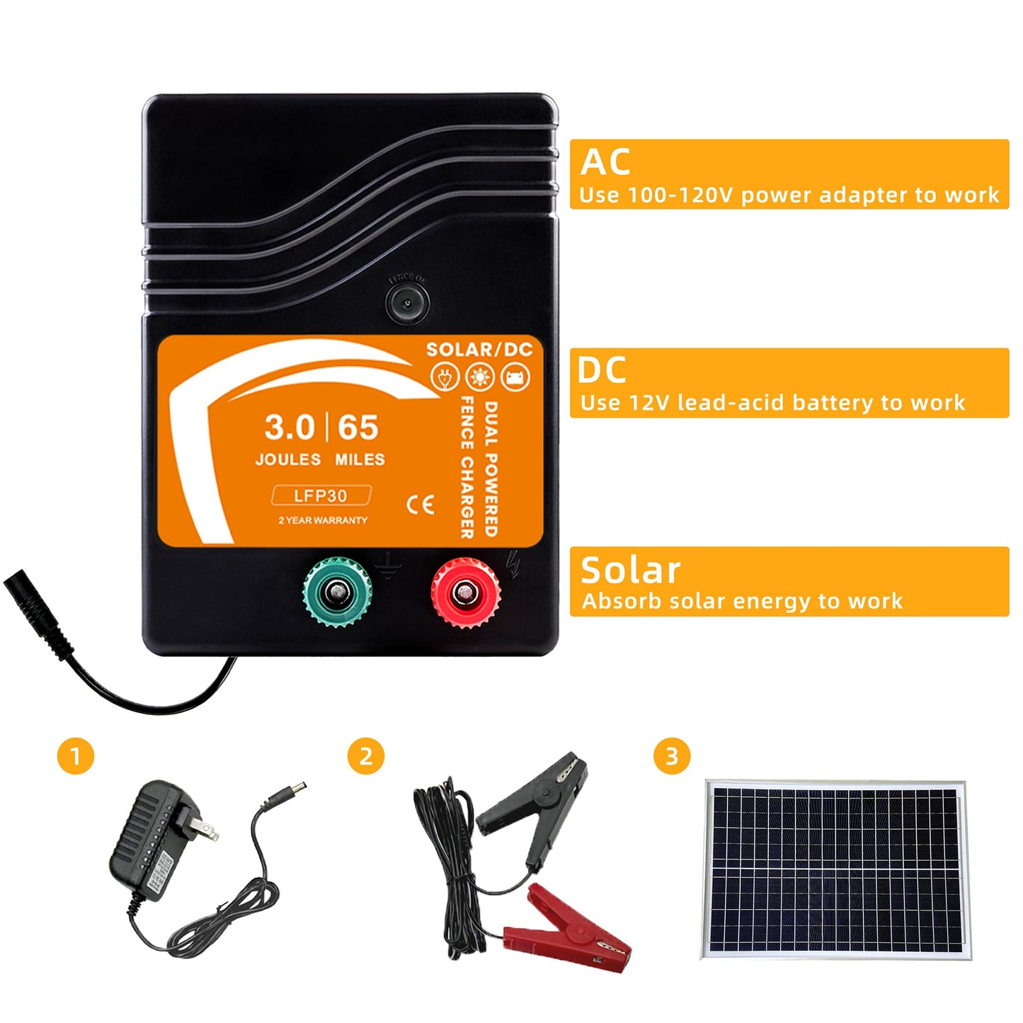 Electric Fence Charger 3 Joule AC DC Solar Powered 65 Miles 200 Acres, Output Voltage Max 10.4 kV, No Adapter Included, for Livestock, Preventing Predators from Intruding