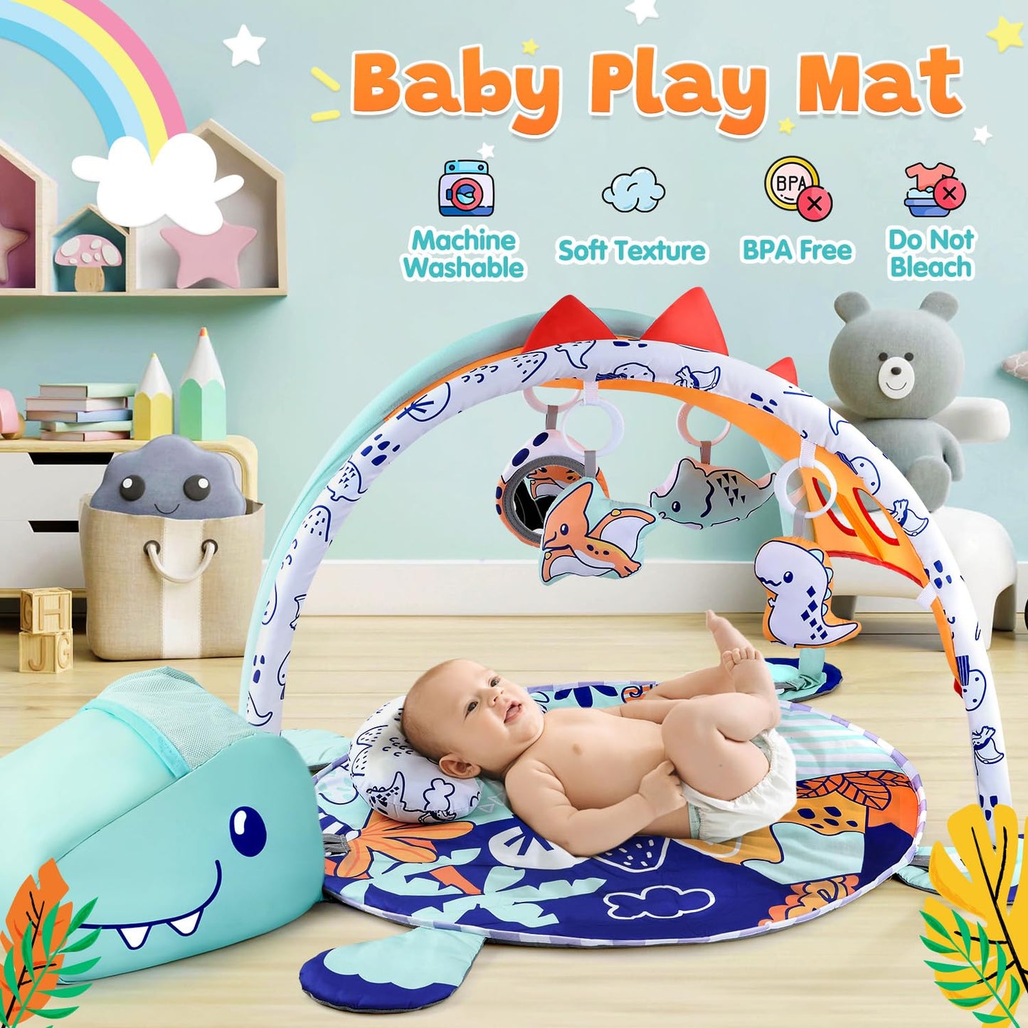 PLAY 4-in-1 Baby Play Mat - Dinosaur Baby Gyms & Playmats Tummy Time Mat Washable, Baby Activity Center with 4 Sensory Toys & 1 Soft Pillow, Develop Motor Skills Gift for Newborn Toddler - Multi