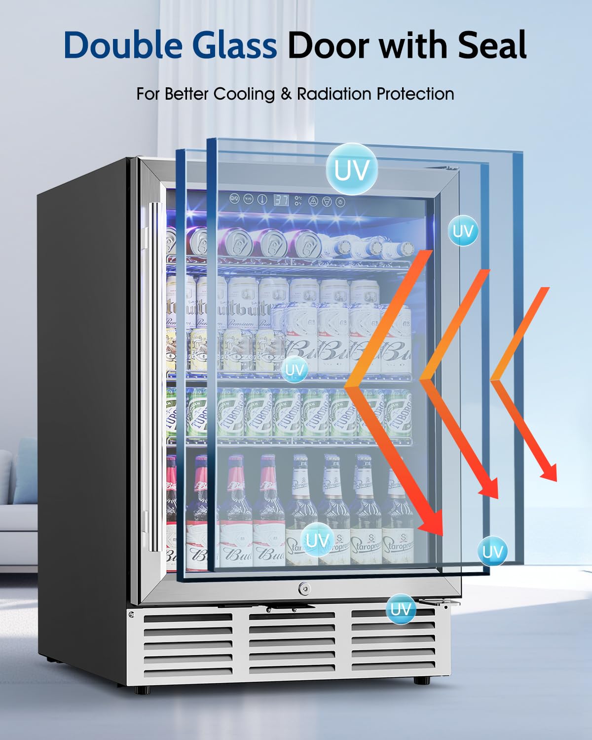 Feelfunn 24 inch Beverage Refrigerator - 180 Cans Under Counter Beverage Fridge with Glass Door & Safety Lock for Beer Wine Soda, Built-in or Freestanding Drink Fridge for Home Office Kitchen or Bar