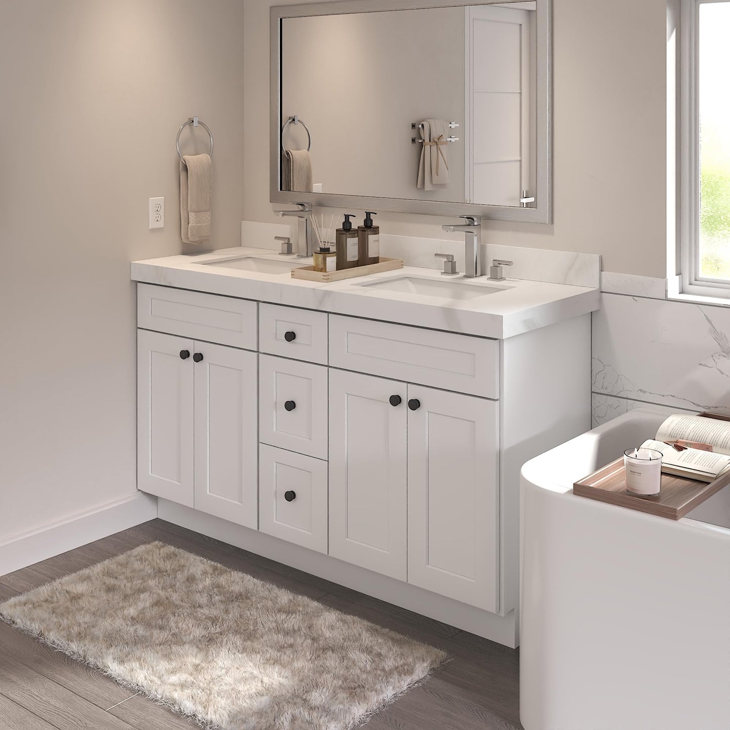 Furinno VATO Double Bathroom Vanity Top, 61W x 22D x 2.5H Porcelain Double Vanity Sink Top, with Pre-Drilled Holes for Faucets, Carrara White