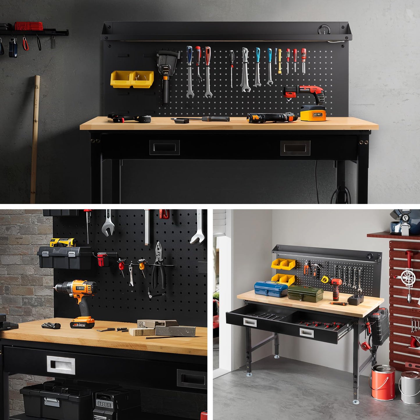 MUWOOD 60" Workbench with Drawers, Work Benches for Garage with Strip Light, Adjustable Work Table with Large Pegboard, 2000 LBS Heavy Duty Table with Power Outlet Rubber Wood for Garage, Office