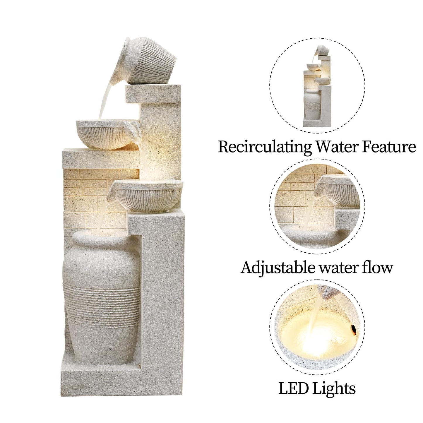 42.52" Outdoor Garden Water Fountain with Lights 4 Tiers Cascading Large Waterfall Floor Standing Fountain for Patio, Backyard, Deck, Porch and Home Art Decor