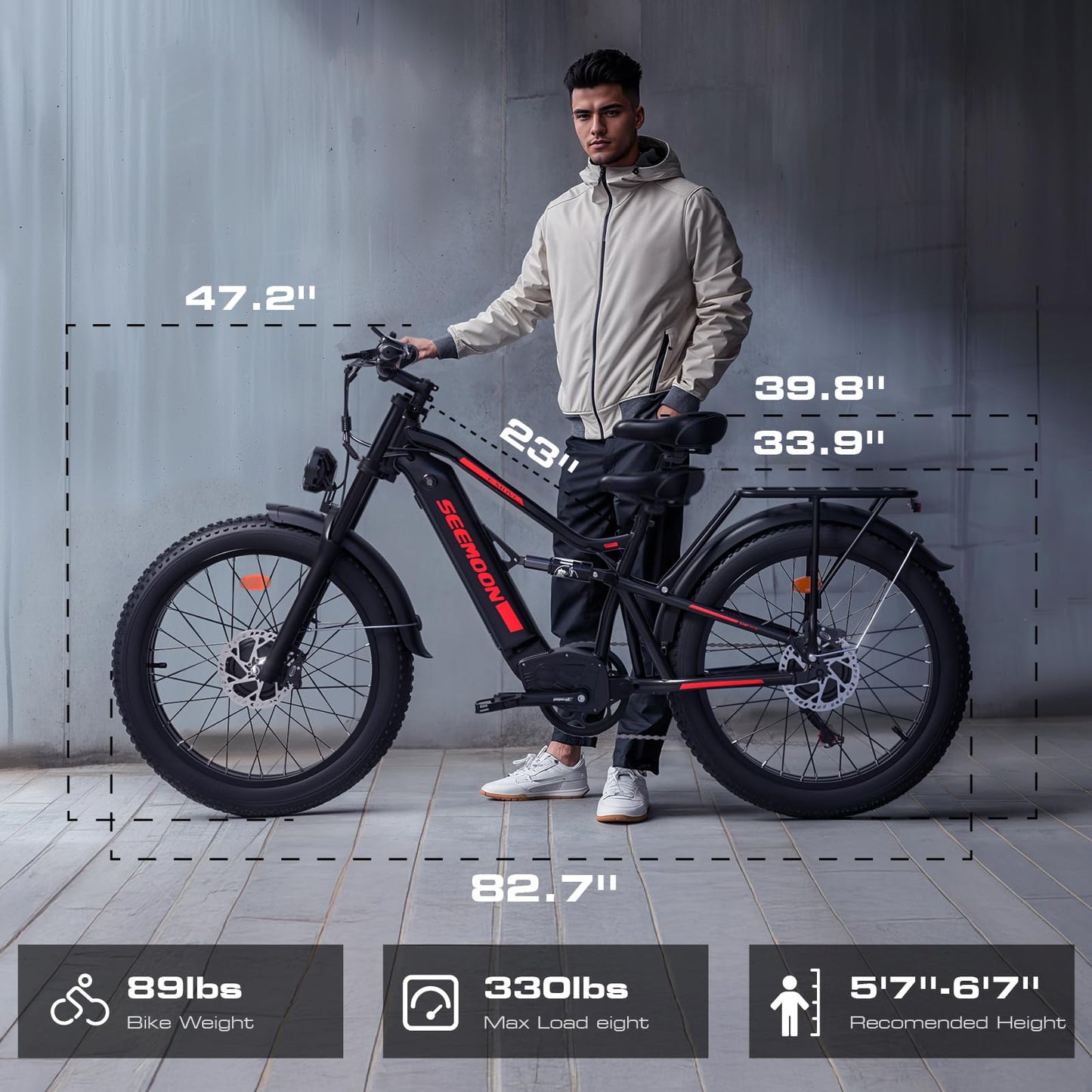 Seemoon Electric Bike for Adults, 52V 20Ah 26" Fat Tire Fast Ebike, up to 100 Miles, Hydraulic Brakes, Off-Road Mountain Hunting AWD Ebike for Men (Black)