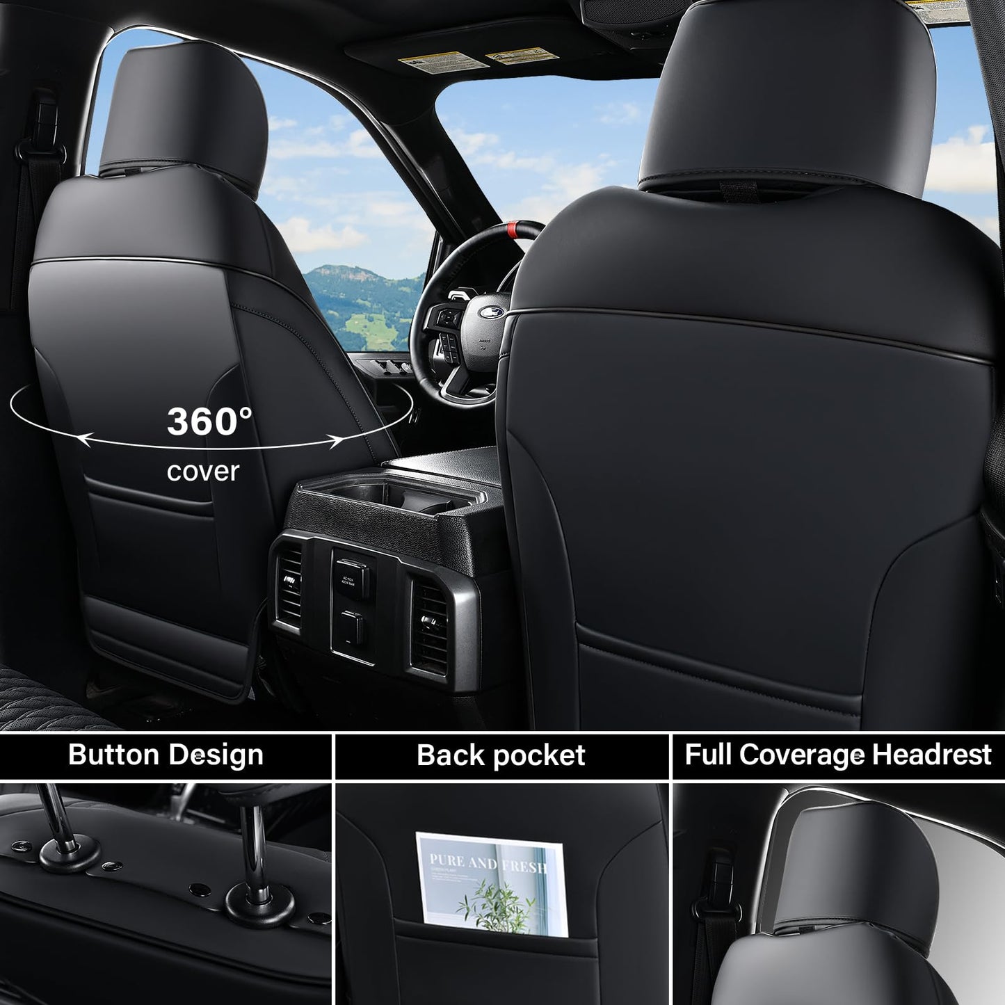 Coverado Leather Car Seat Covers Full Set, Dodge Waterproof Seat Covers for Car Fit for 2009-2018 Dodge RAM 1500, 2010-2024 2500 3500 Automotive Vehicle Seat Covers Protector for Trucks, Black