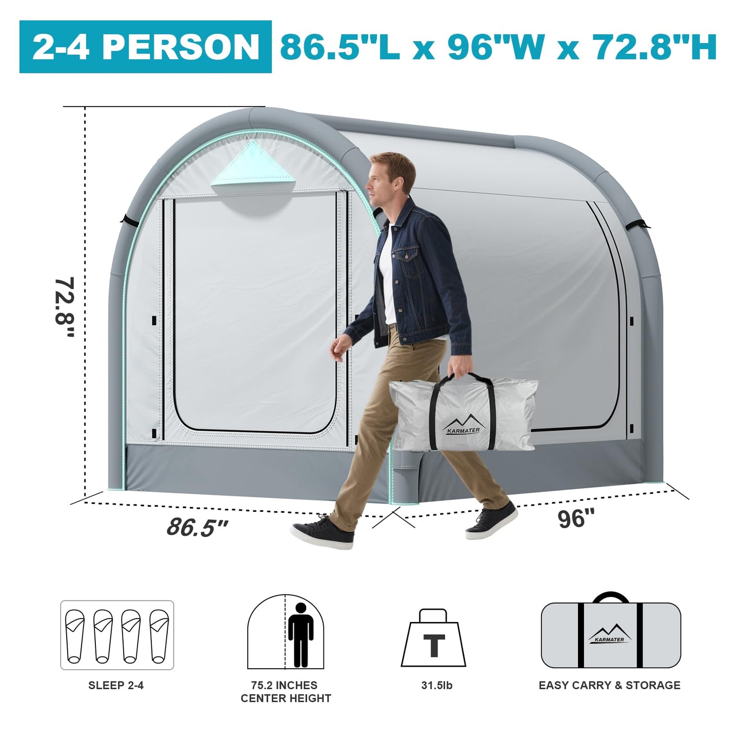 M KARMATER Large Inflatable Camping Tent, 60 Seconds Setup Blow Up Family Tent with Rainproof, Waterproof & Windproof, All Weather 4 Season SUV Outdoor Camping Tent for 2-4 Person with Storage Bag