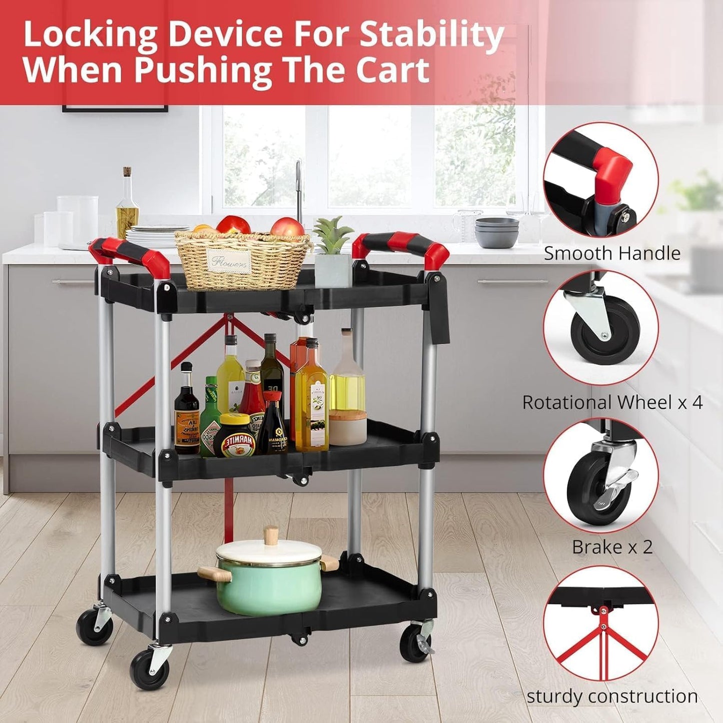 3 Tier Rolling Cart, 167 Lbs Foldable Utility Service Cart, Portable Utility Cart with Lockable Universal Wheels, No Installation Required, Suitable for Warehouse, Garden, Office, Kitchen