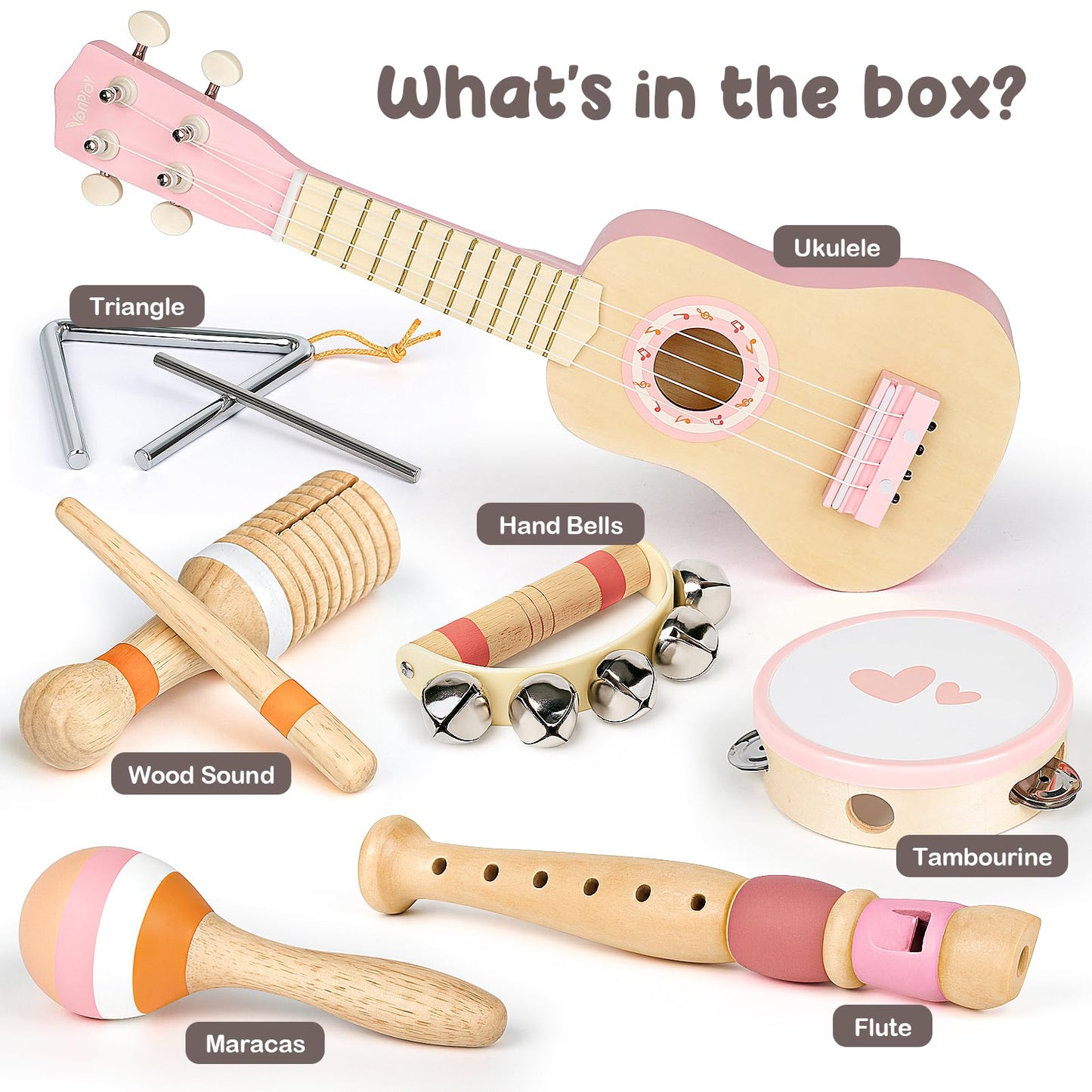 Vanplay Kids Guitar Set for Girls - Toys for 2 3 4 Year Old Girl Birthday Gifts - 7 in 1 Wooden Montessori Musical Instruments with Ukulele/Tambourine/Maracas/Flute for Toddler 2-5(Pink)