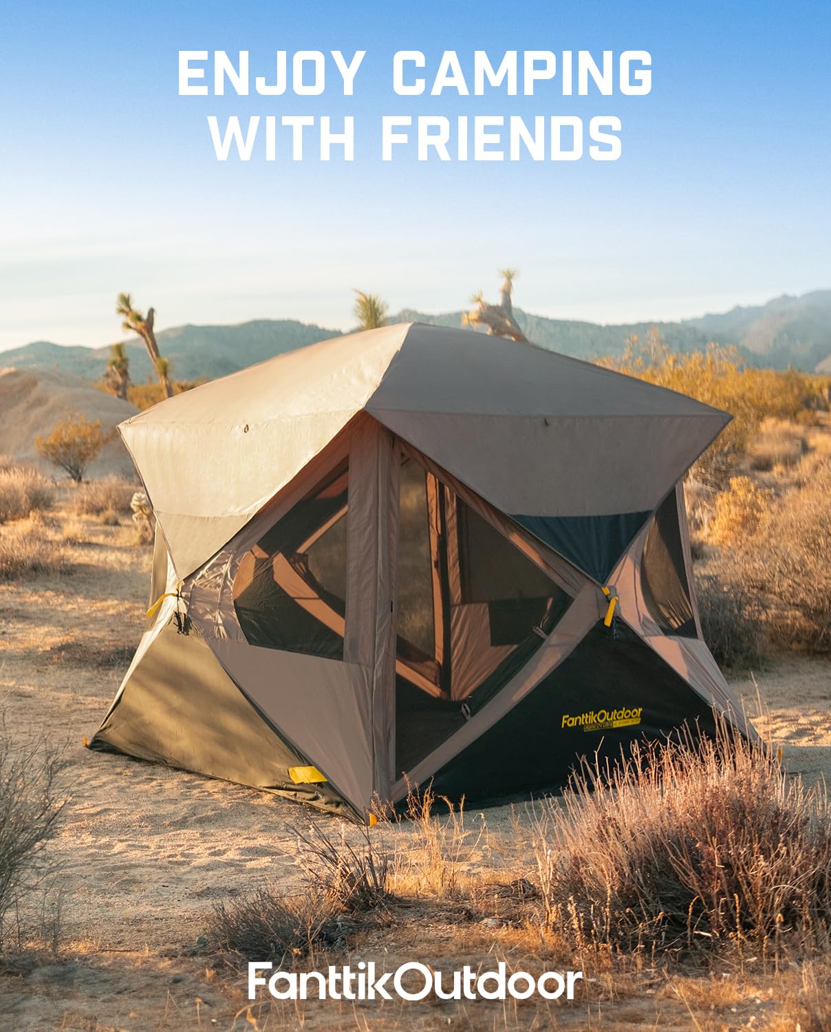 FanttikOutdoor Alpha C4 Ultra Camping Tent 4 Person Pop Up Instant Cabin Setup in 60 Seconds Portable Hub Tent with Rainfly & Windproof for Outdoor Camping & Overlanding, Khaki