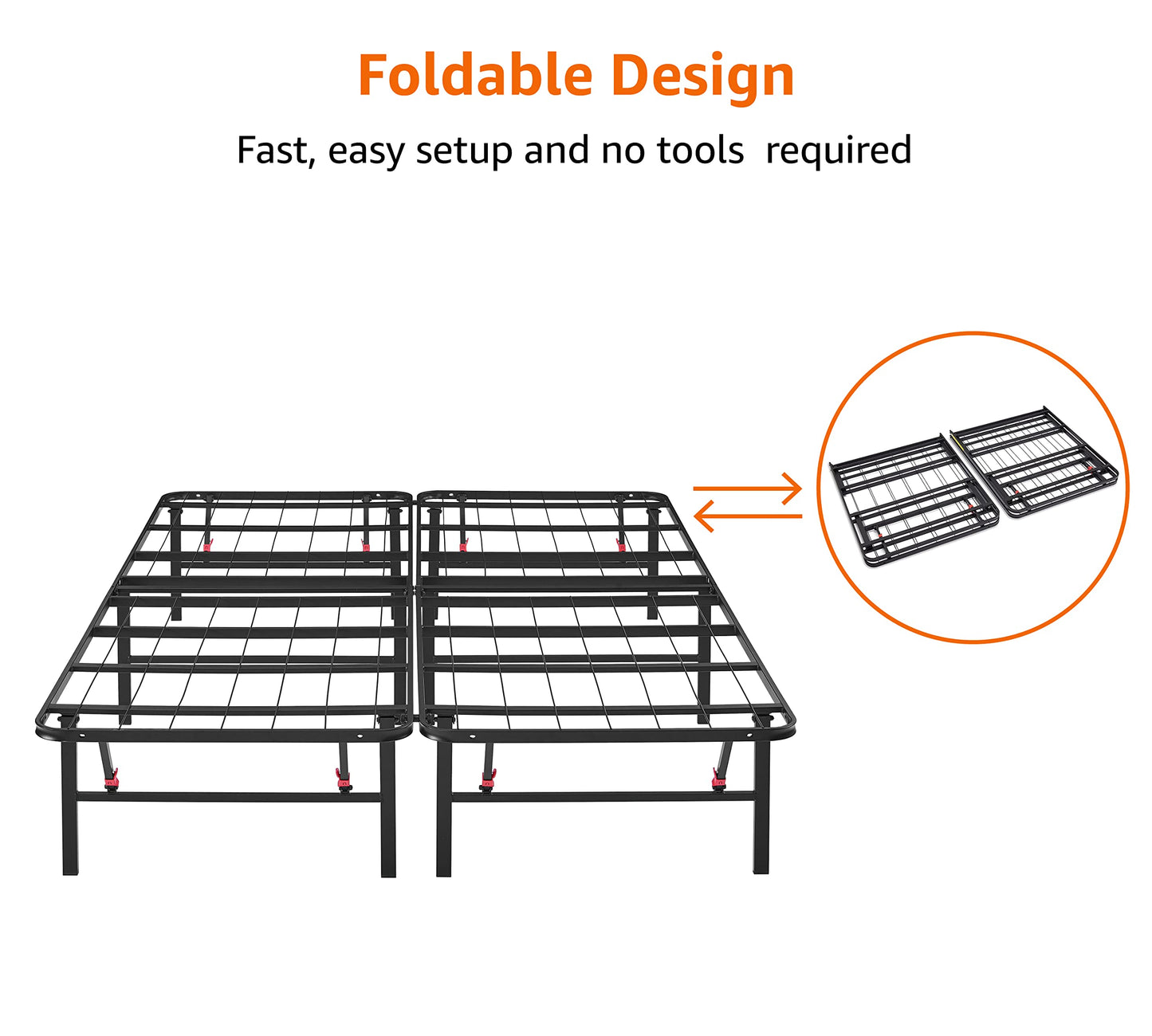 Amazon Basics Bed Frame with Storage, Foldable Metal Platform, Sturdy Steel, No Box Spring Needed, 14 inches High, Tool-Free Easy Assembly, Noise-Free, King Size, Black