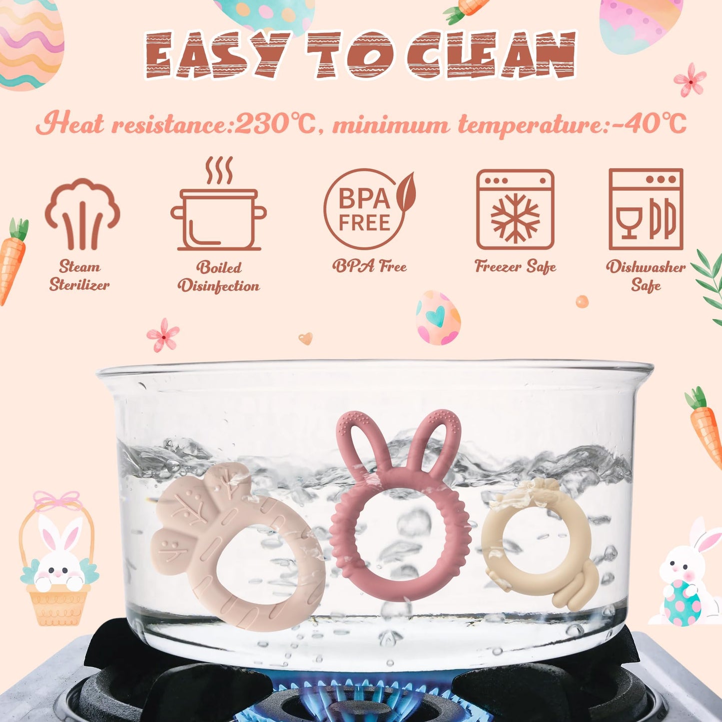 Easter Silicone Teethers for Babies - 2ooya 2Pcs Bunny Chick Carrot Infant Teething Chew Toys, Toddler Sore Gums Pain Relief Toy for Newborn Boy and Girl Spring Easter Baby Shower Birthday Gifts