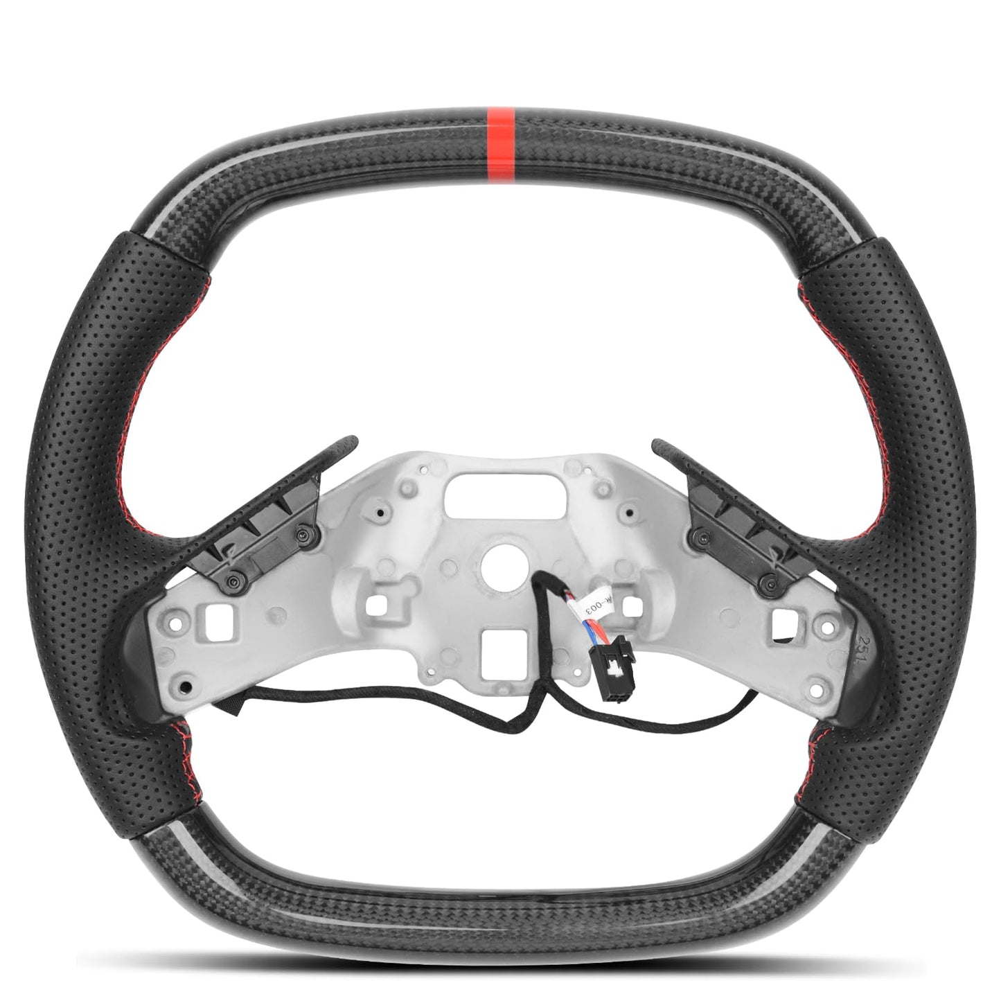 Heated Real Carbon Fiber Steering Wheel for Chevy Corvette C8 Stingray Z06 ERay 2020-2026, Red Stripe Perforated Leather, Flat Top Bottom Replacement, Retains OEM Heating