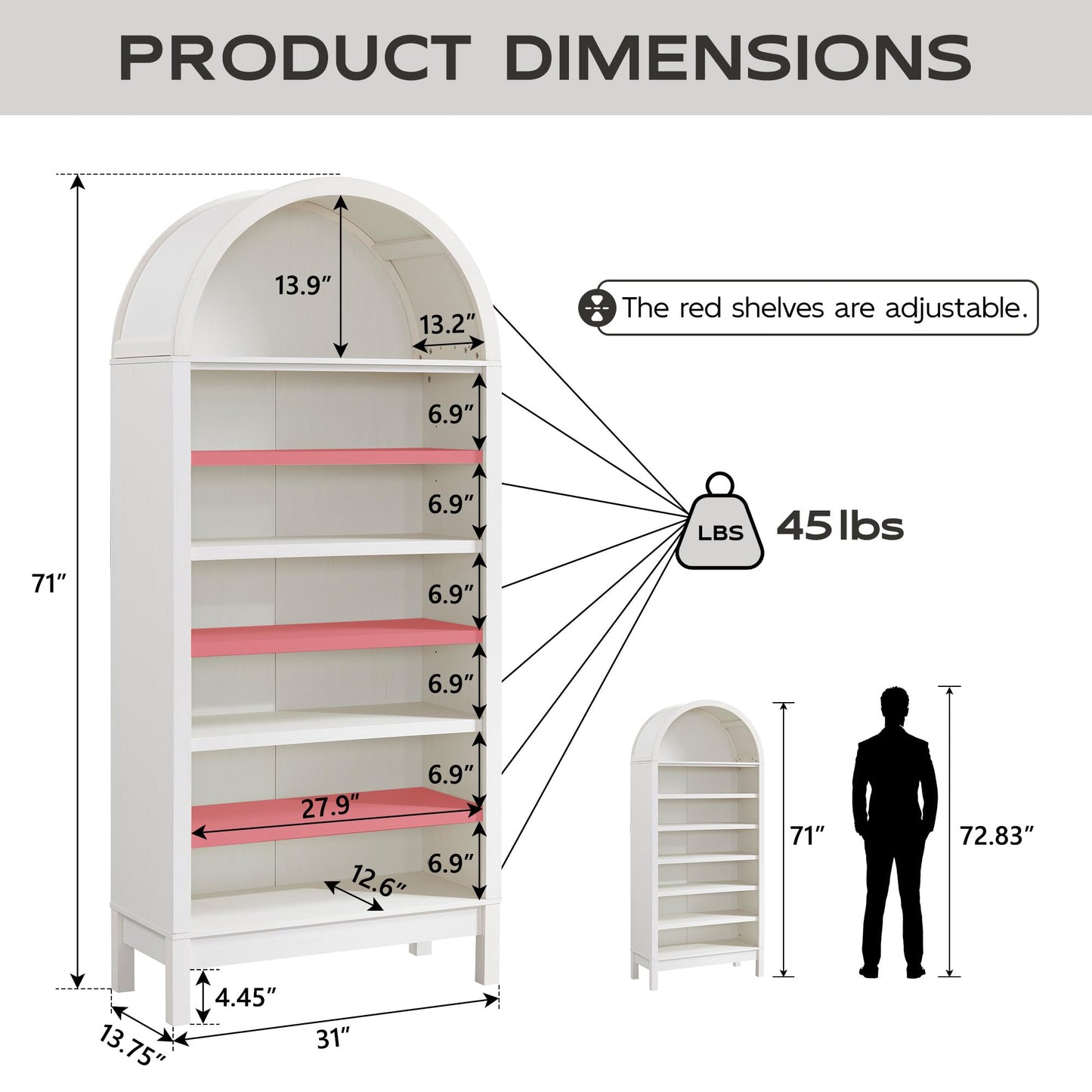IFGET 71" Tall Arched Bookshelf, 7 Tiers Arch Bookcase with Storage, Modern Farmhouse Book Shelf with Adjustable Shelves, Wood Bookshelf w/Open Display Shelves for Living Room, Office (Antique White)
