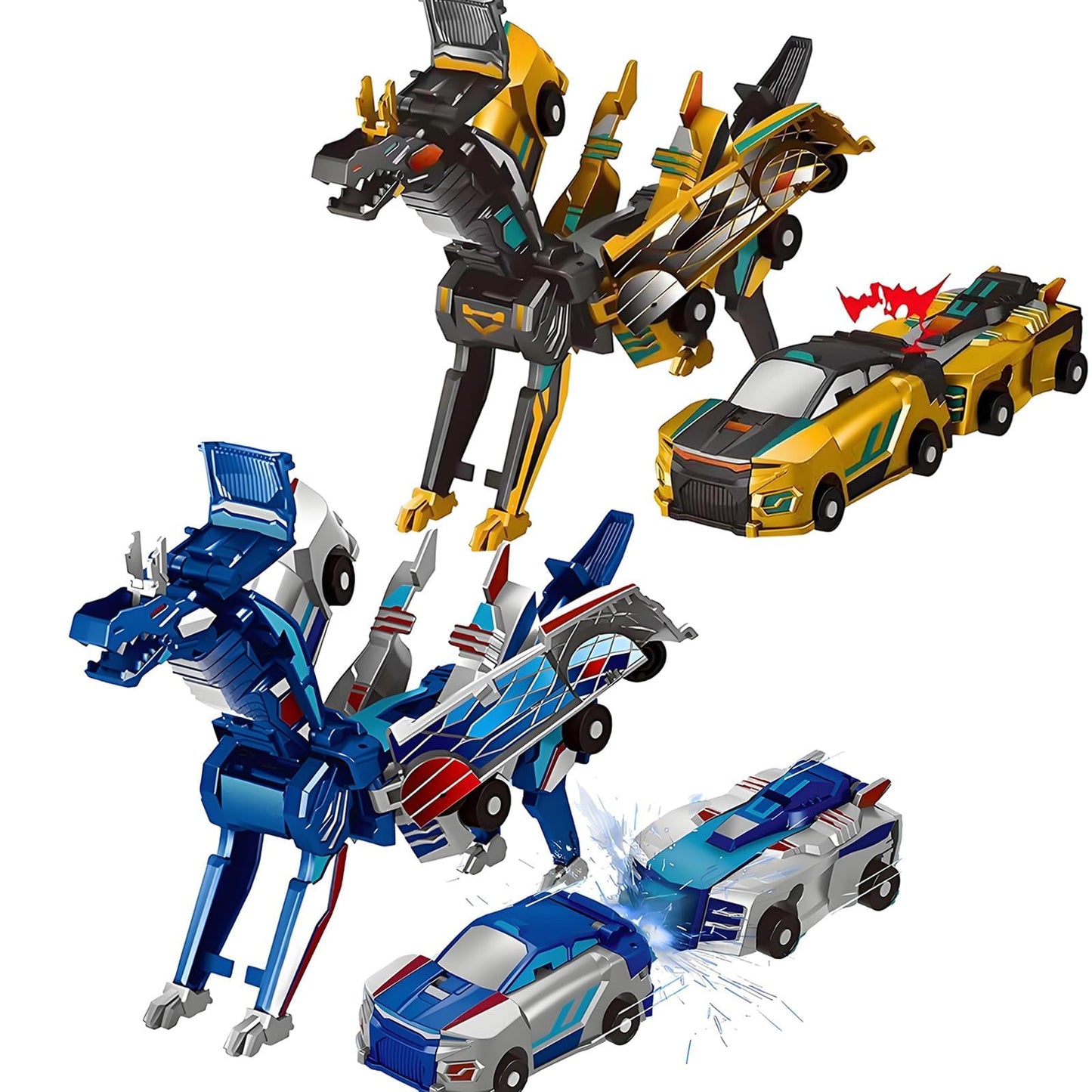 Aimery Collision Transforming Dinosaur Car Toy, 2 Magnetic Cars Convert into Dinosaur Toys,Dino Robot Toy, Boys Toys,Kids Toys, Party Birthday for Kids (Gold Blue)
