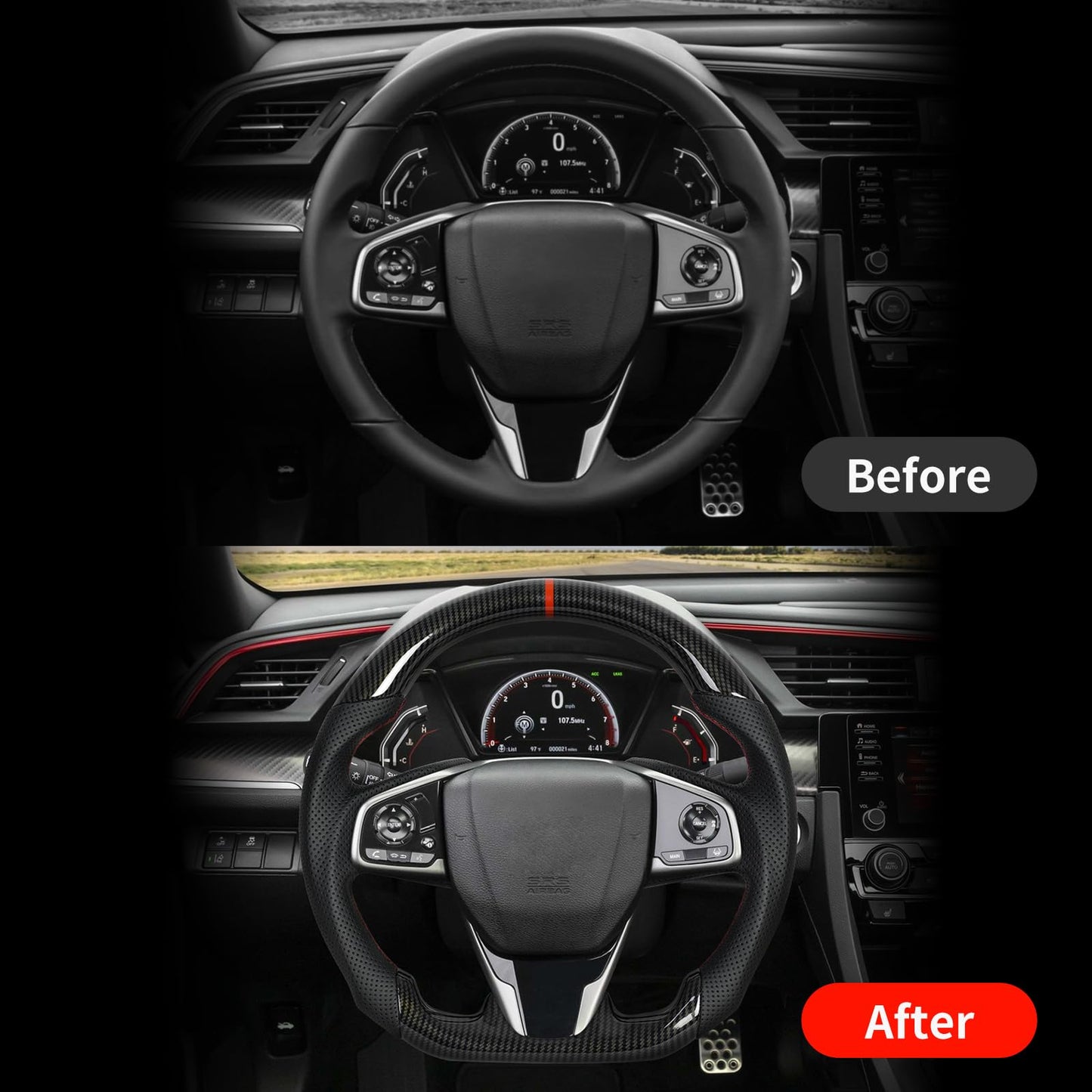 JIANGGAI Steering Wheel,Hydro Dip Carbon Fiber Steering Wheel Fits For Honda Civic Gen 10th 2016-2021,Type R FK8 2016 2017 2018 2019 2020 2021,Microfiber Leather & Red Indicate