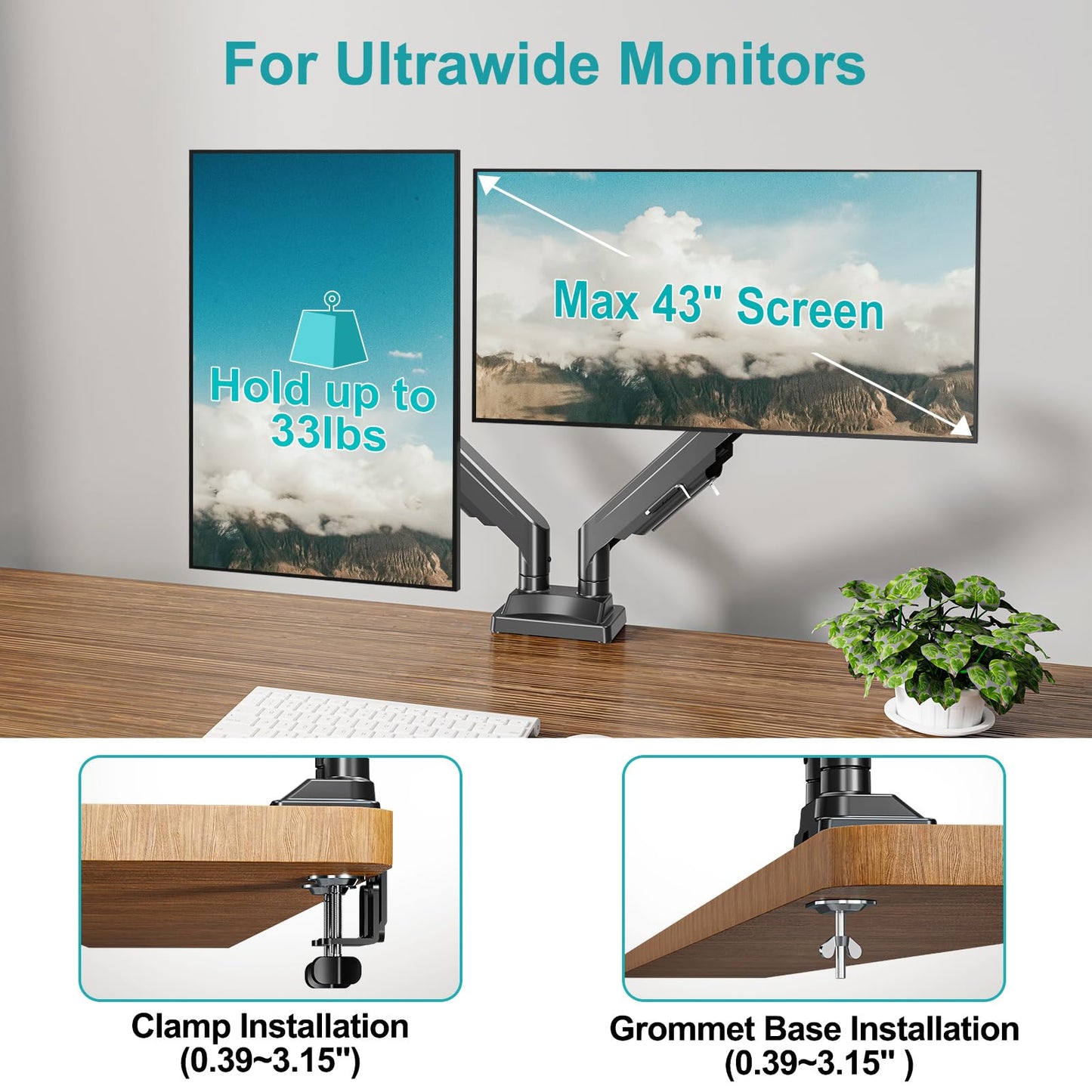 MOUNT PRO Dual Monitor Stand for Two Screens up to 43 Inch, Heavy Duty Ultrawide Double Monitor Arm Holds up to 33lbs Each, Premium Adjustable Computer Monitor Mount for 2 Monitors, VESA Desk Mount