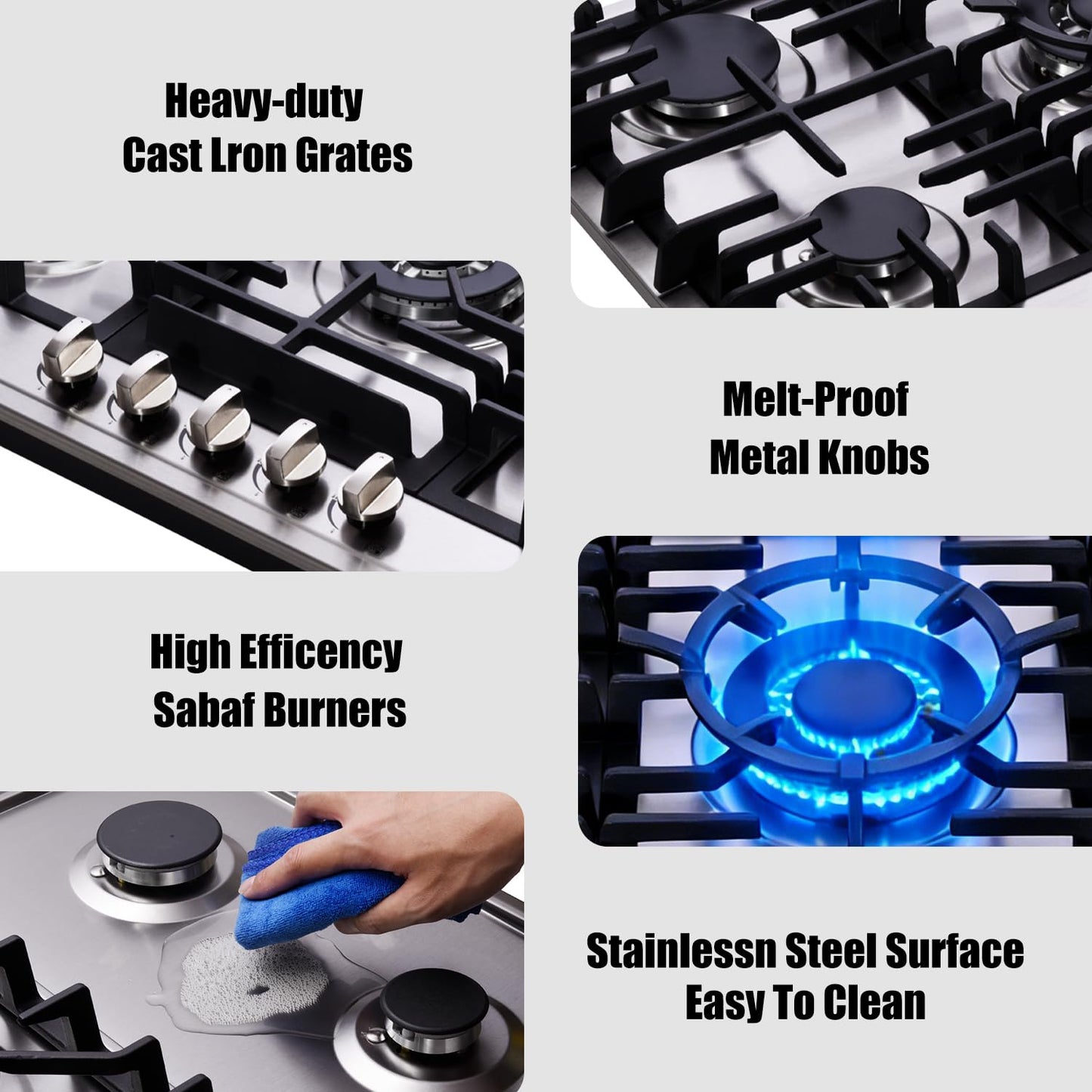 Kyerbaino Gas Cooktop 30 Inch, Stainless Steel 5 Burners Gas Stovetop Built-in LPG/NG Convertible Gas Cooktop Dual Fuel Sealed Gas Stove