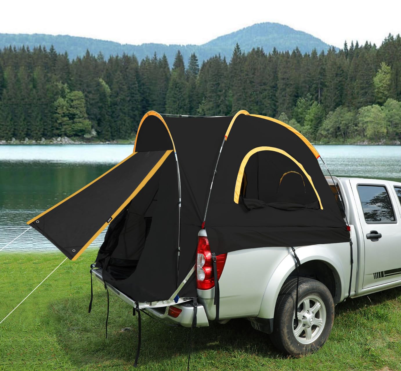 Hrefeu Pickup Truck Blackout Tent with Awning Black, Portable 5.5-6.5Ft Truck Bed Tent for Camping, Waterproof PU2000mm Double Layer for 2 Person, Compact and Full Size Regular Bed Long Bed (5.5-5.8)