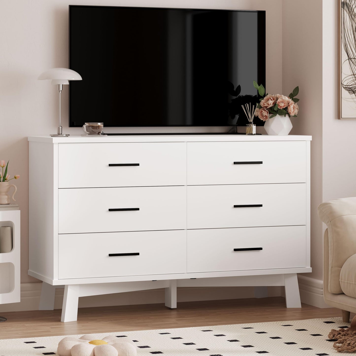 Xixini Dresser for Bedroom, 6 Drawer Wide Modern Chest of Drawers with X-Shaped Sturdy Base, Wood Double Dresser Closet Clothes Storage Organizer, Wooden TV Stand for Living Room, Hallway, White