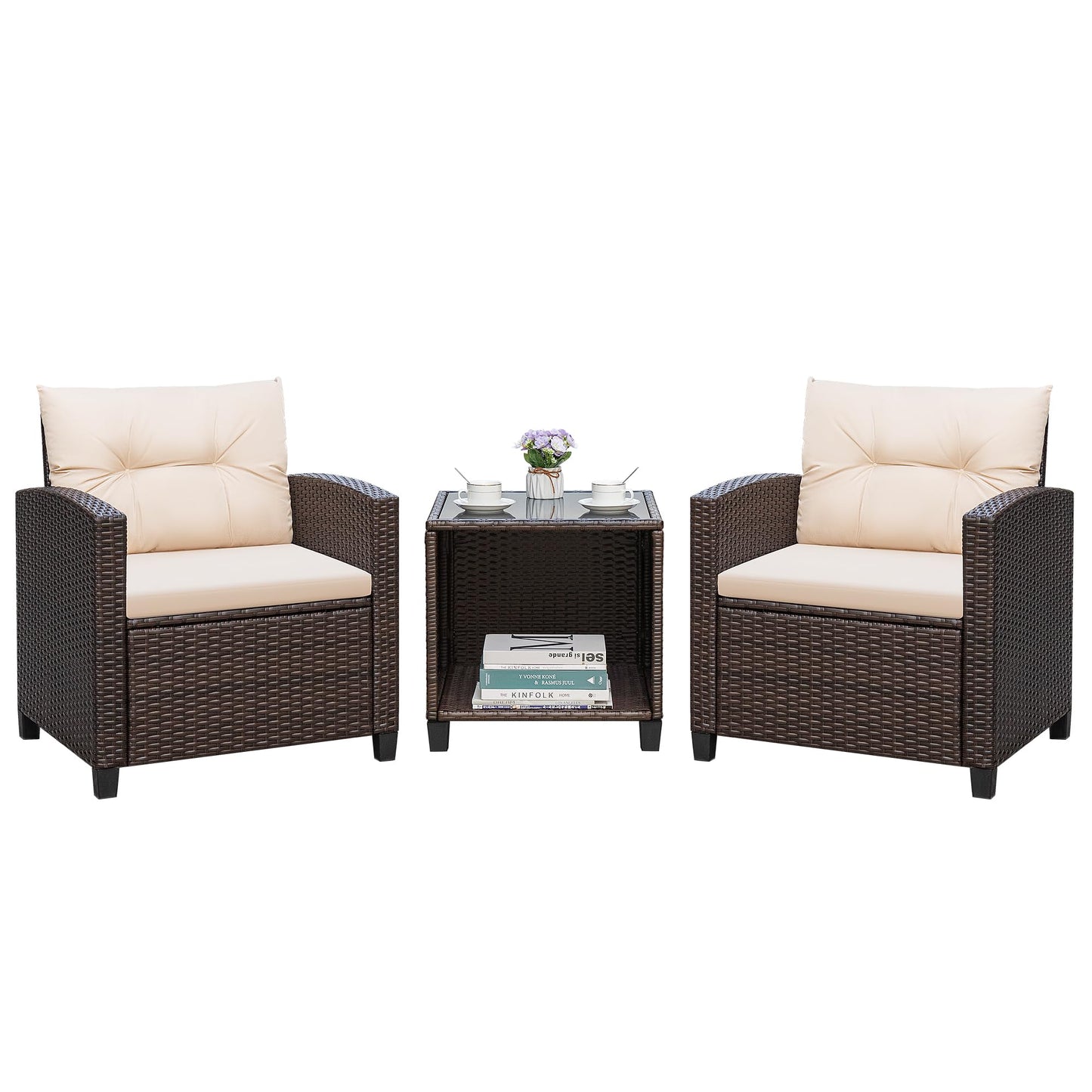 Greesum 3 Pieces Patio Furniture Sets Outdoor PE Rattan Wicker Chairs with Soft Cushion and Glass Coffee Table for Garden Backyard Porch Poolside, Beige