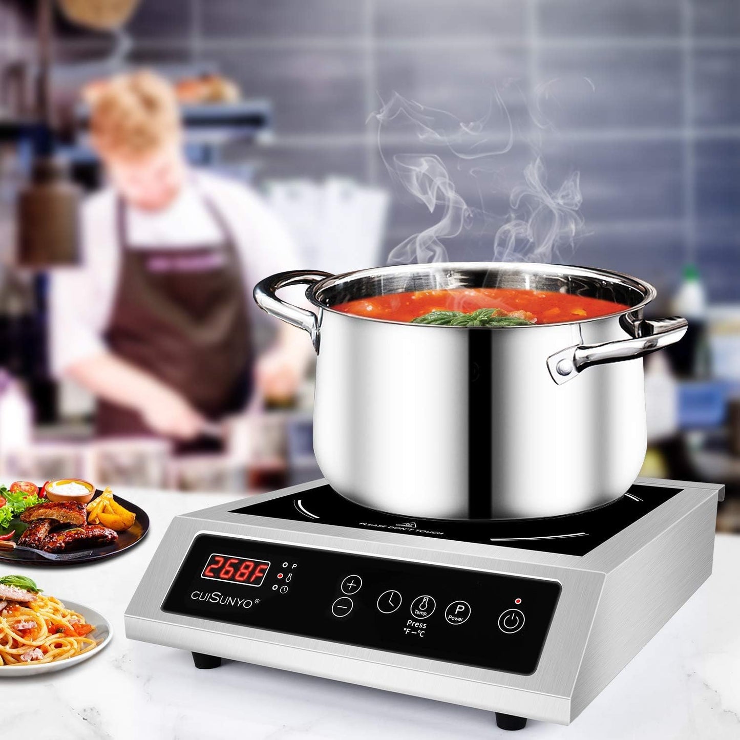 Commercial Induction Countertop Burner 3500W Professional Portable 240V Induction Cooktop 10 Power Levels with 12 Timer Settings 140-465°F and LCD Screen Stainless Steel Electric Stove