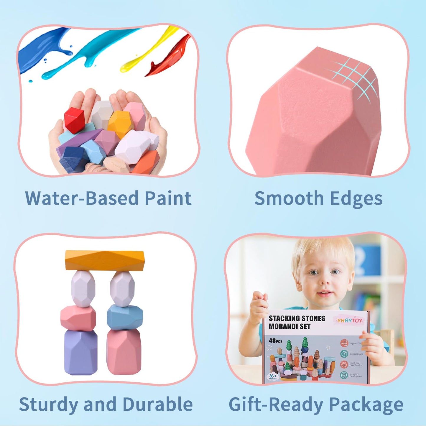 YHHYTOY 48 PCS Wooden Stacking Rocks Stones Building Blocks, Montessori Toys for 3+ Year Old Preschool Learning Activities Balancing Stacking Game, Birthday Gifts for 3 4 5 6 Year Old Girls Boys Kids