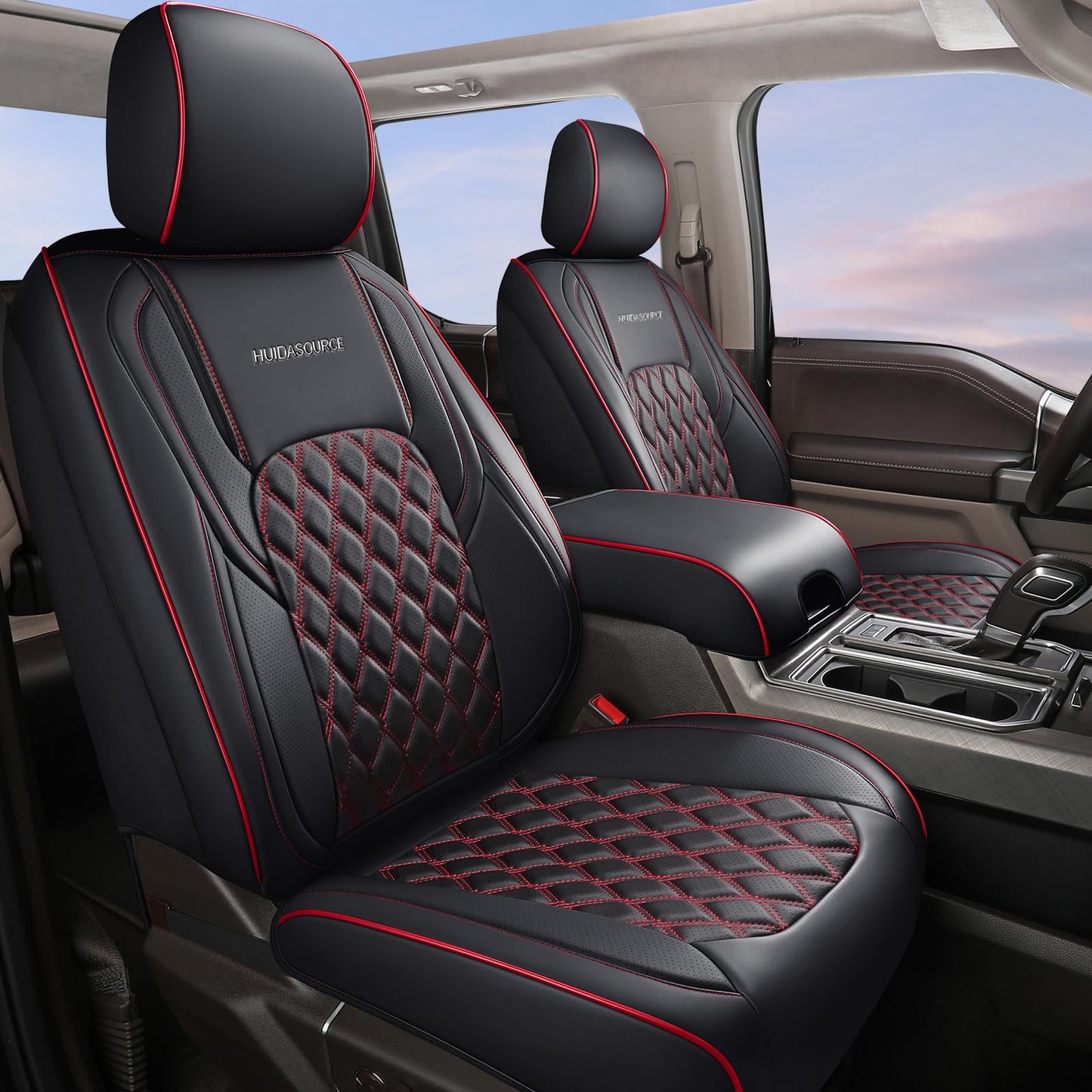 Huidasource Wrangler JK Seat Cover 4 Door, Leather Custom Car Seat Covers, Front&Rear Seat Cushion Protector Fit for Jeep Wrangler JK 4-Door Sahara Sport Rubicon 2007-2017(Full Set/Black&Red)