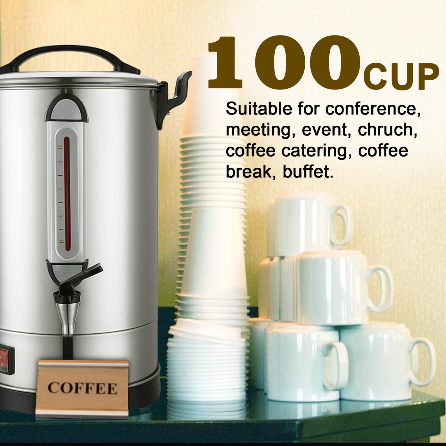 Commercial Coffee Urn Large Coffee Maker 100 Cup Coffee Maker Industrial Coffee Dispenser 1300W Quick Brew Dual Wall Stainless Steel Hot Water Urn Tea Maker Machine for Wedding, Catering, Events