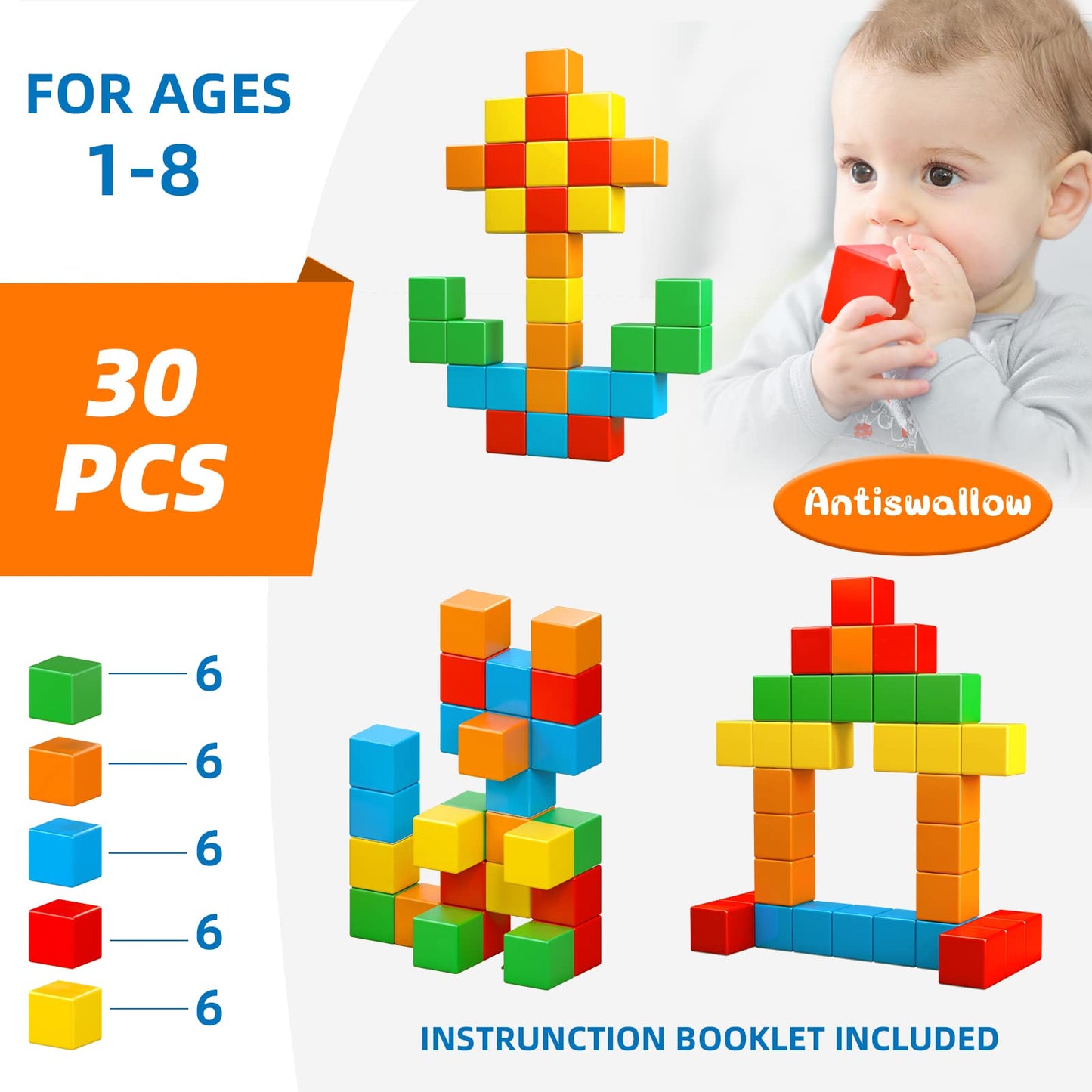 Magnetic Blocks, 1.41 inch Large Magnetic Building Blocks for Toddlers 3 4 5 6 7 8 Years Old Boys Girls Magnet Cubes for Kids 1-3 Montessori Toys STEM Preschool Educational Building Cube 30 Pcs