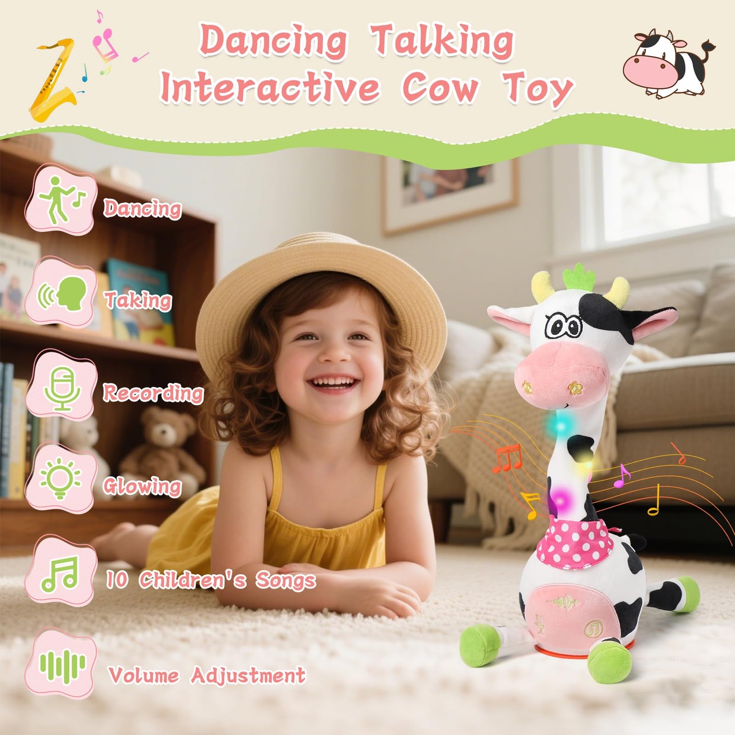 LLUKEME Cute Dancing Cow Interactive Plush Toy with Wiggling Neck | LED Lights | Voice Record & Repeat | 10 Children’s Songs | Funny Toy for Boys Girls Age 1-3