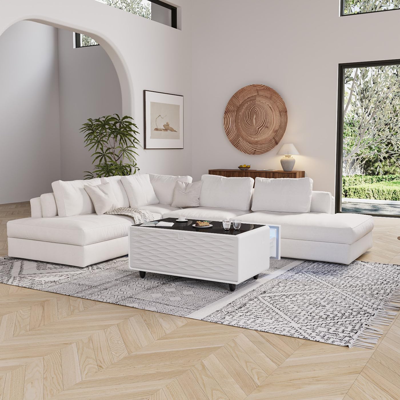 Smart Coffee Table with Fridge, 93L Refrigerated Drawers, Bluetooth Speakers & Wireless Charging, Modern Stain/Mark Resistant Entertainment Center for Living Room & Gaming, White