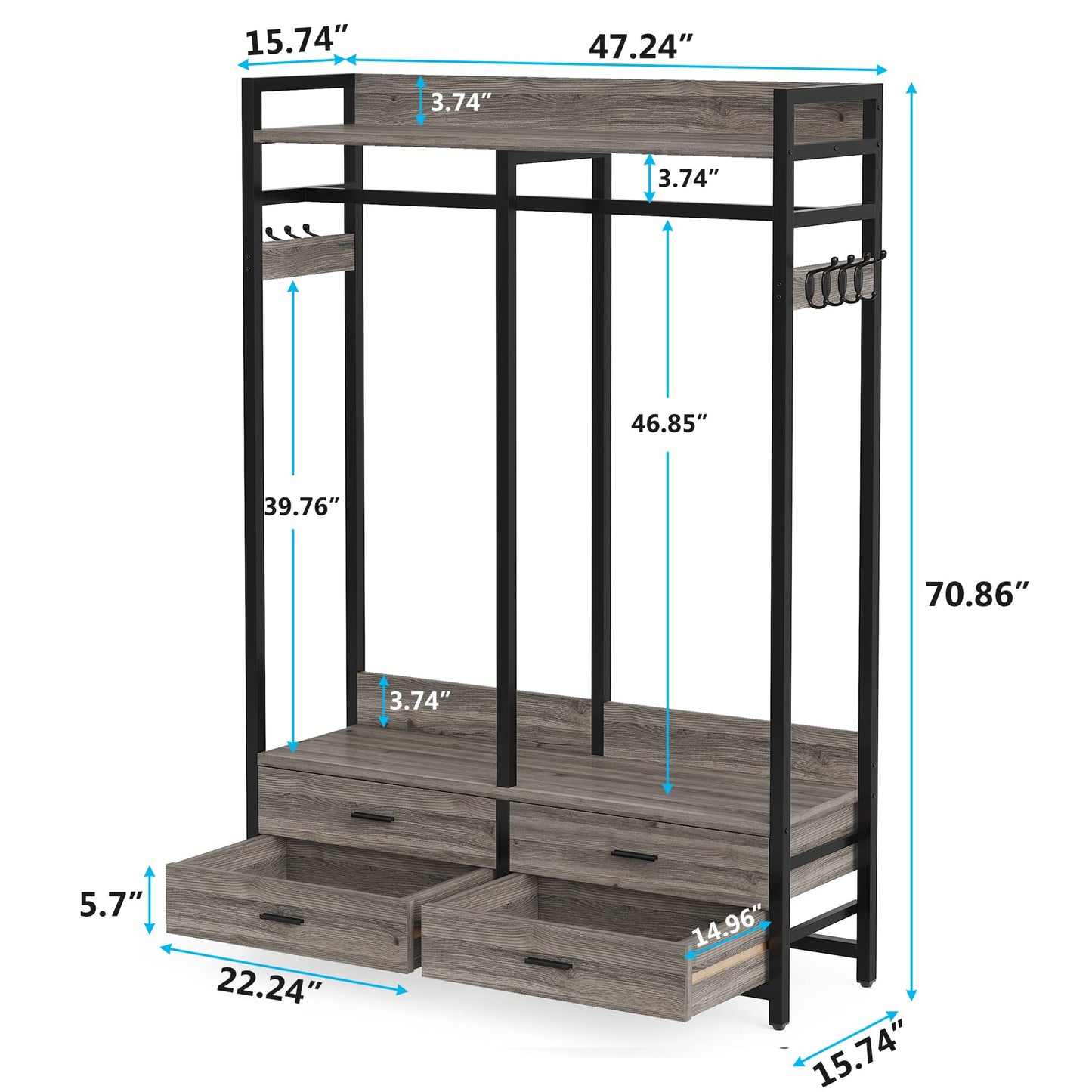 LITTLE TREE Clothes Rack, Heavy Duty Garment Rack with 4 Drawers, 8 Hooks and Storage Shelves, Wardrobe Closet Storage Rack for Bedroom, Living Room, Grey