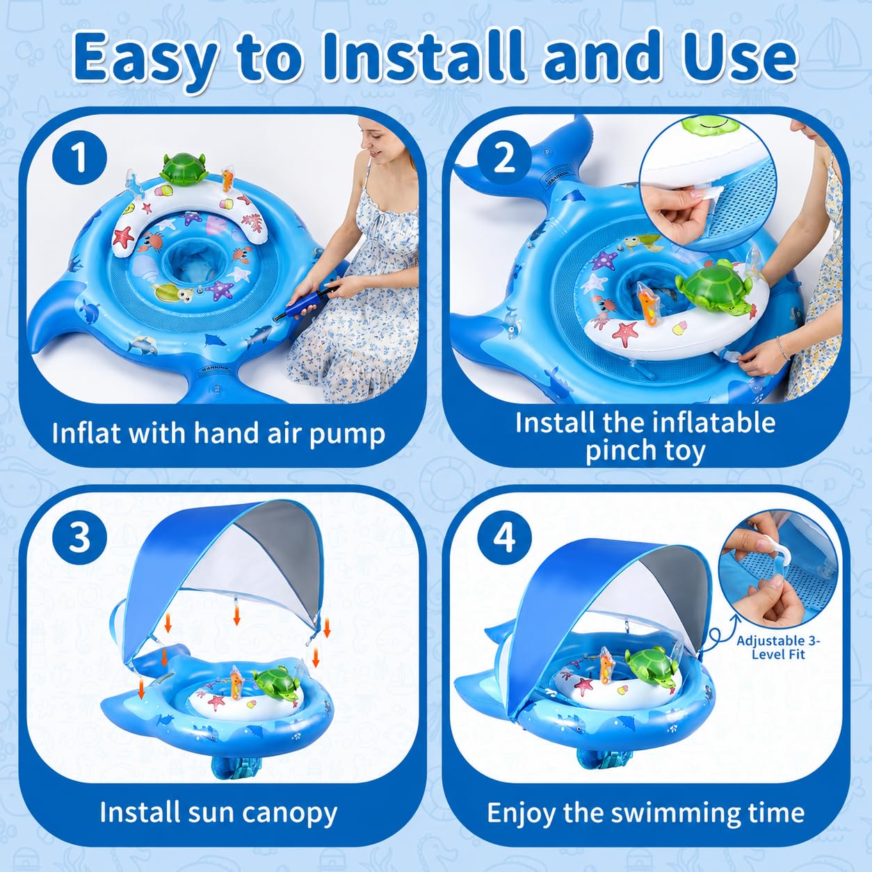 Inflatable Baby Pool Float with Sun Canopy, UPF50+Sun Protection, Portable & Easy to Store, Padded Safety Seat with, Includes Air Pump, with Toys Baby Swim Float for 6-36 Months Boys & Girls(Blue)