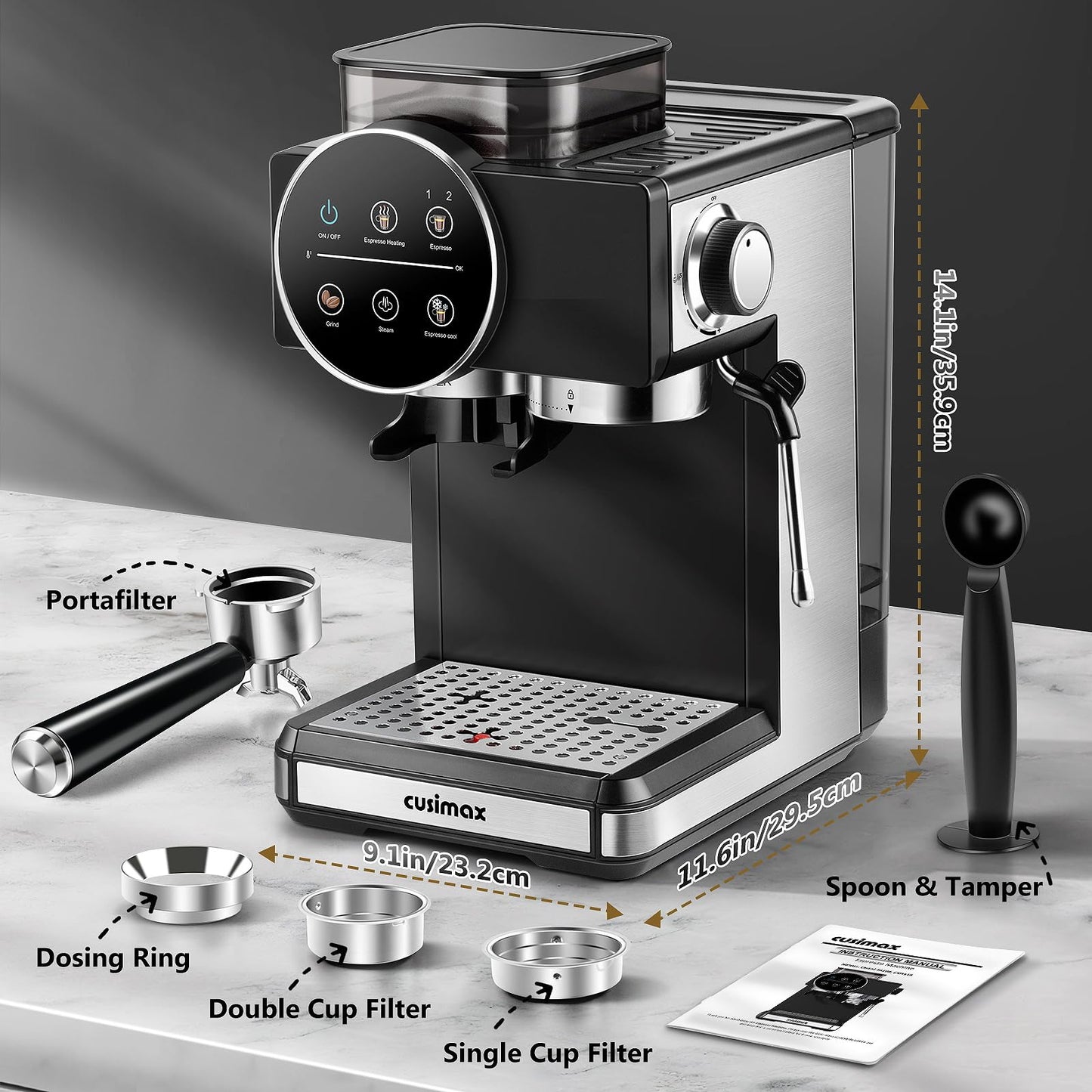 CUSIMAX Espresso Machine with Grinder, 20 Bar Professional Expresso Coffee Machines with Milk Frother Steam Wand, Espresso Maker with 60oz Removable Water Tank, Cappuccino & Latte Machine for Home