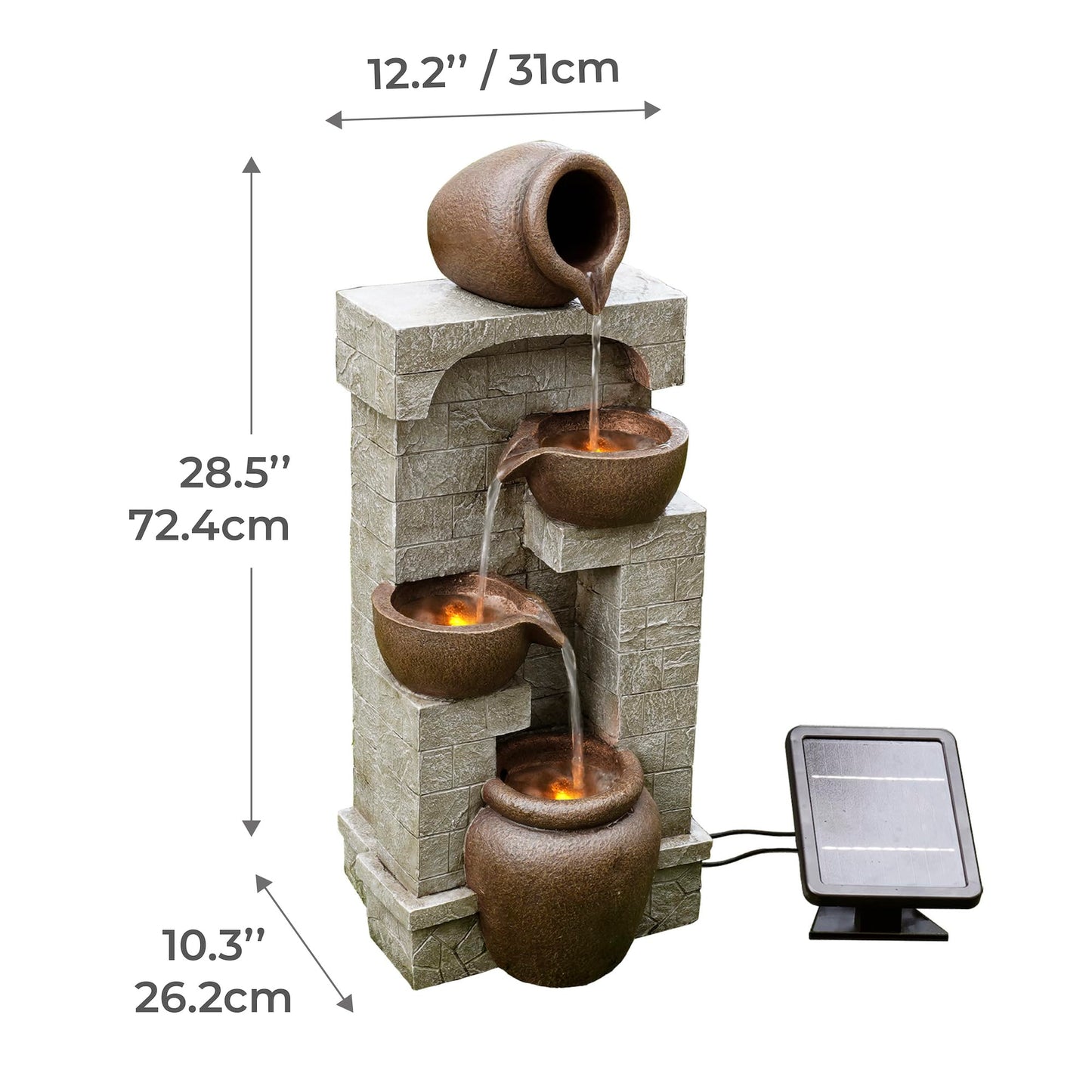 Teamson Home 28 in. Cascading Bowls and Stacked Stones LED Outdoor Water Fountain for Outdoor Living Spaces to Create a Calming Oasis in Gardens and Landscaping, on Patios, Balconies, Lawns, Brown
