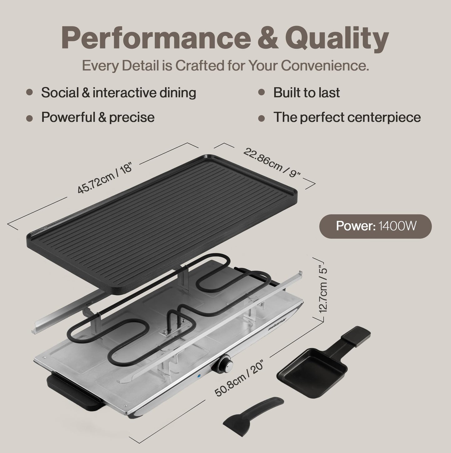 Swissmar Geneva Raclette Grill with Reversible Cast Aluminum Grill Top - Perfect for outdoor & Indoor Electric Raclette Grill & Griller - Barbeque Bonding - 8-Person