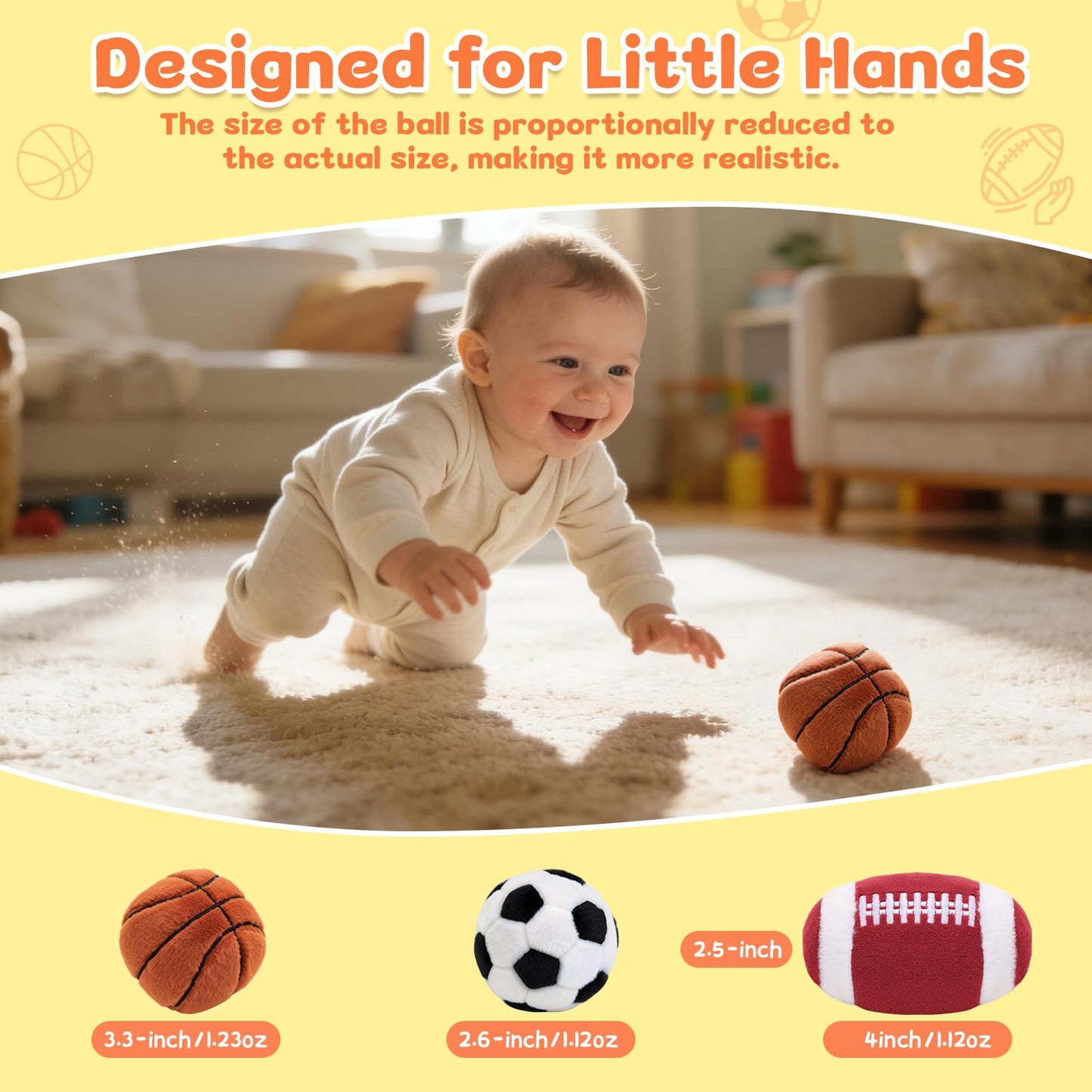 Baby Ball Toys 0-6 Months, Newborn Plush Rattle 3pcs Football Basketball Soccer Sports Set-Sensory Toys with Rattles for 0 3 6 9 12 Months Infant Boys Girls Birthday or Shower Gifts
