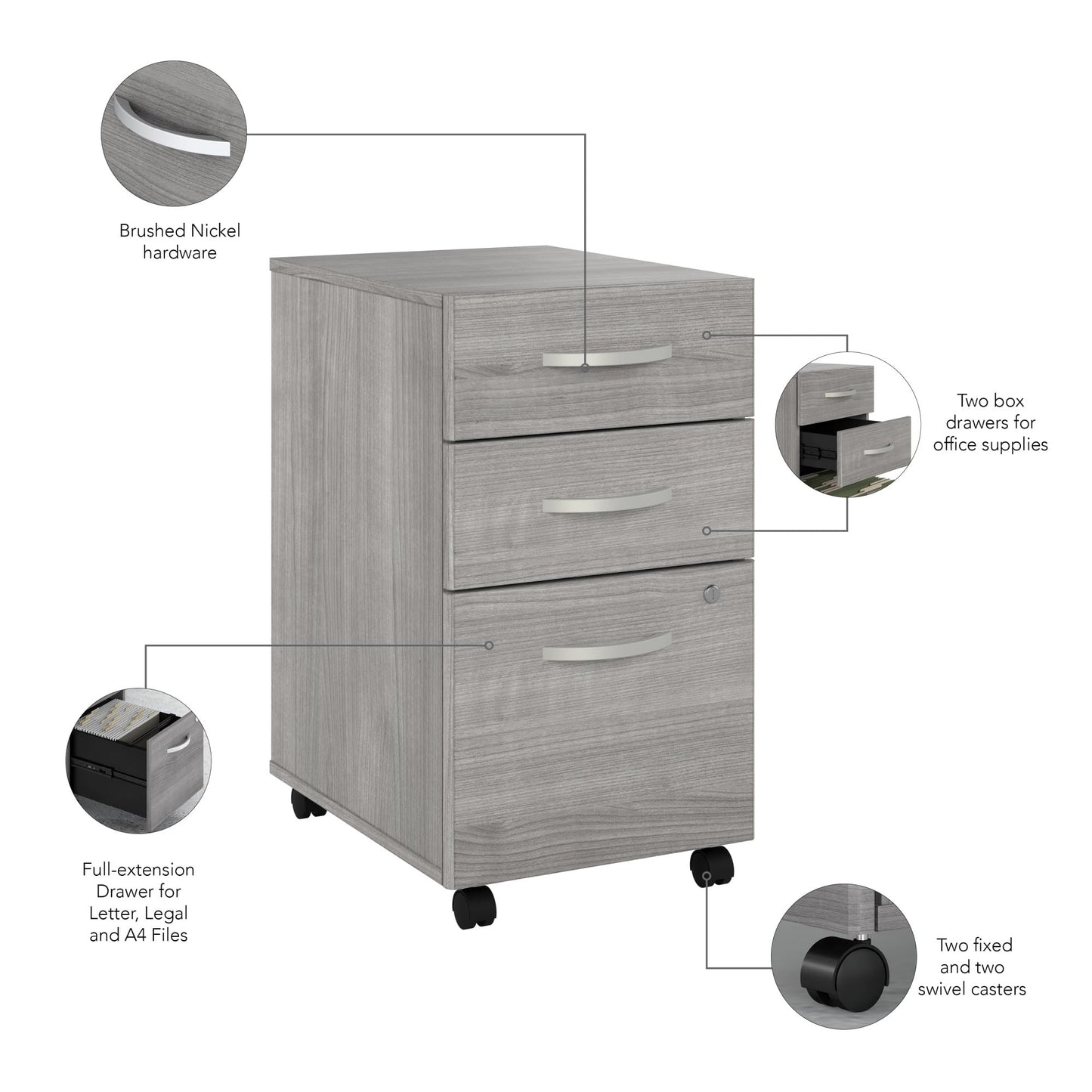 Bush Business Furniture Echo 3 Drawer Mobile File Cabinet in Gray Sand, Portable Document Storage Solution for Home and Professional Office