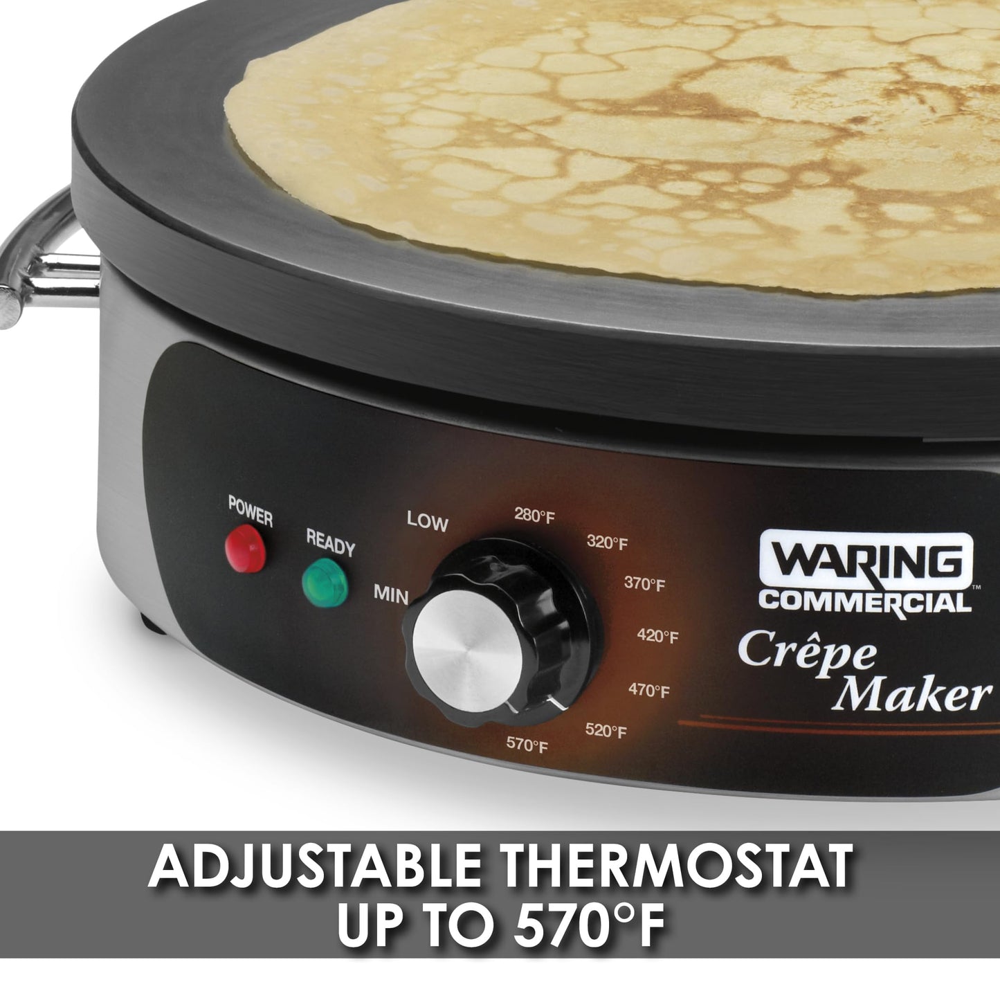 Waring Commercial WSC160X 16" Electric Crepe Maker, Cast Iron Cooking Surface, Stainless Steel Base, Includes Batter Spreader and Spatula, 120V, 1800W, 5-15 Phase Plug