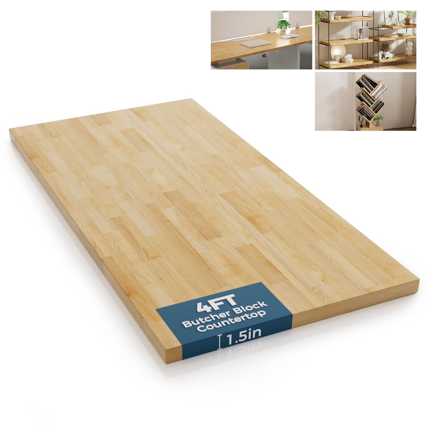 Solid Wood Butcher Block Countertop - 4ft Unfinished Birch Slab Counter Top Wooden Table Desk Top for DIY Kitchen Island, Workbench, Washer Dryer, Coffee Bar Table, 50"x25"x1.5"
