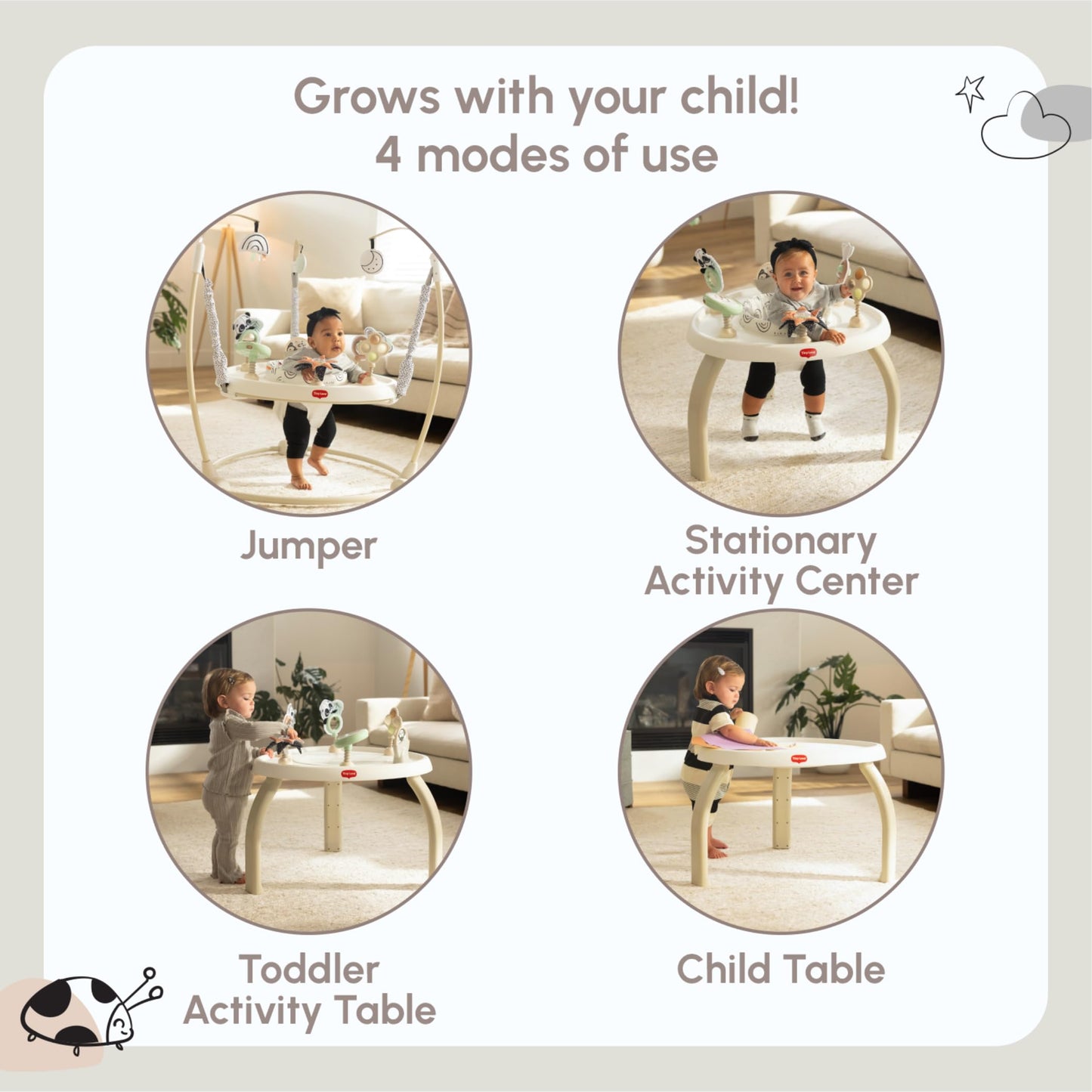 Tiny Love 4-in-1 Jump & Play Stationary Activity Center, Baby Jumper with Lights & Music, Developmental Toys, 360 Swivel Seat, Baby Activity Entertainer for 6 Months+, Black and White
