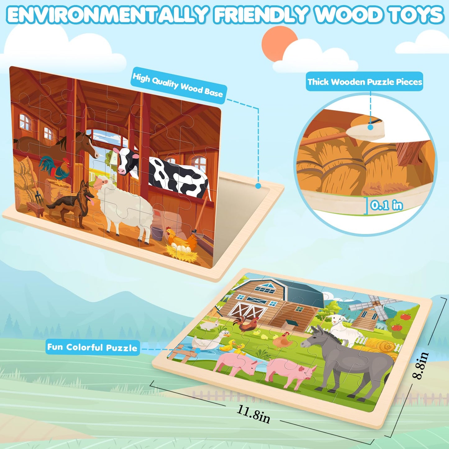 4-in-1 Farm Wooden Puzzles for Kids Ages 4-6, 24 PCS Wooden Jigsaw Puzzles for Toddlers Ages 3-5, Preschool Educational Puzzles Boards Toys Gifts for 3 4 5 6 Boys Girls
