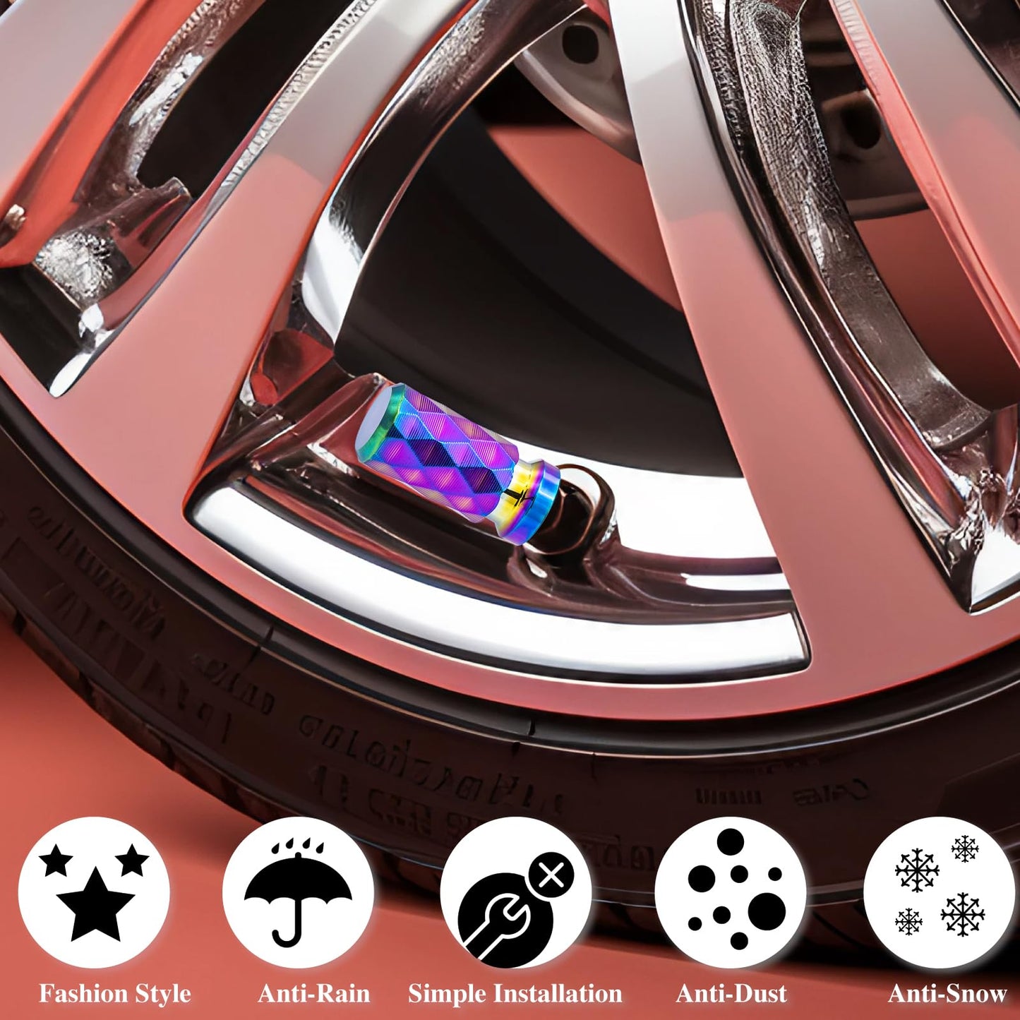 MEAJOO 4PCS Colorful Car Tire Valve Stem Cap, Leak-Proof Tyre Air Valve Caps, Aluminum Alloy Air Leakproof Valve Caps Cover fits Cars, Trucks, Bikes, Motorcycles, Bicycles Tire Caps