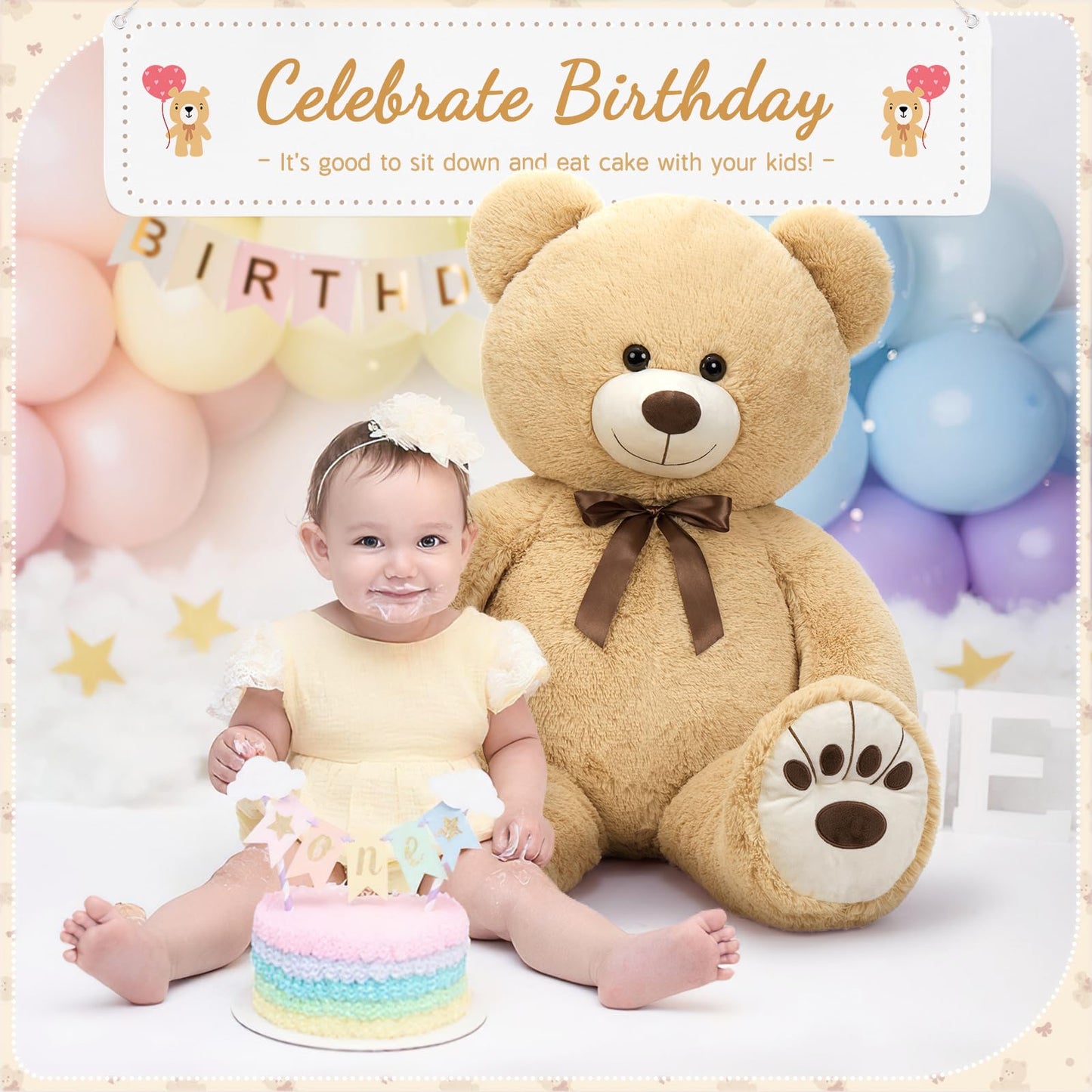 Tezituor 4ft Large Teddy Bear Giant Cream Teddy Bear, 43 inch Big Stuffed Animal Soft Plush for Kids Baby Shower Decorations, Cute Plush Toys for Girls Christmas Birthday Gift